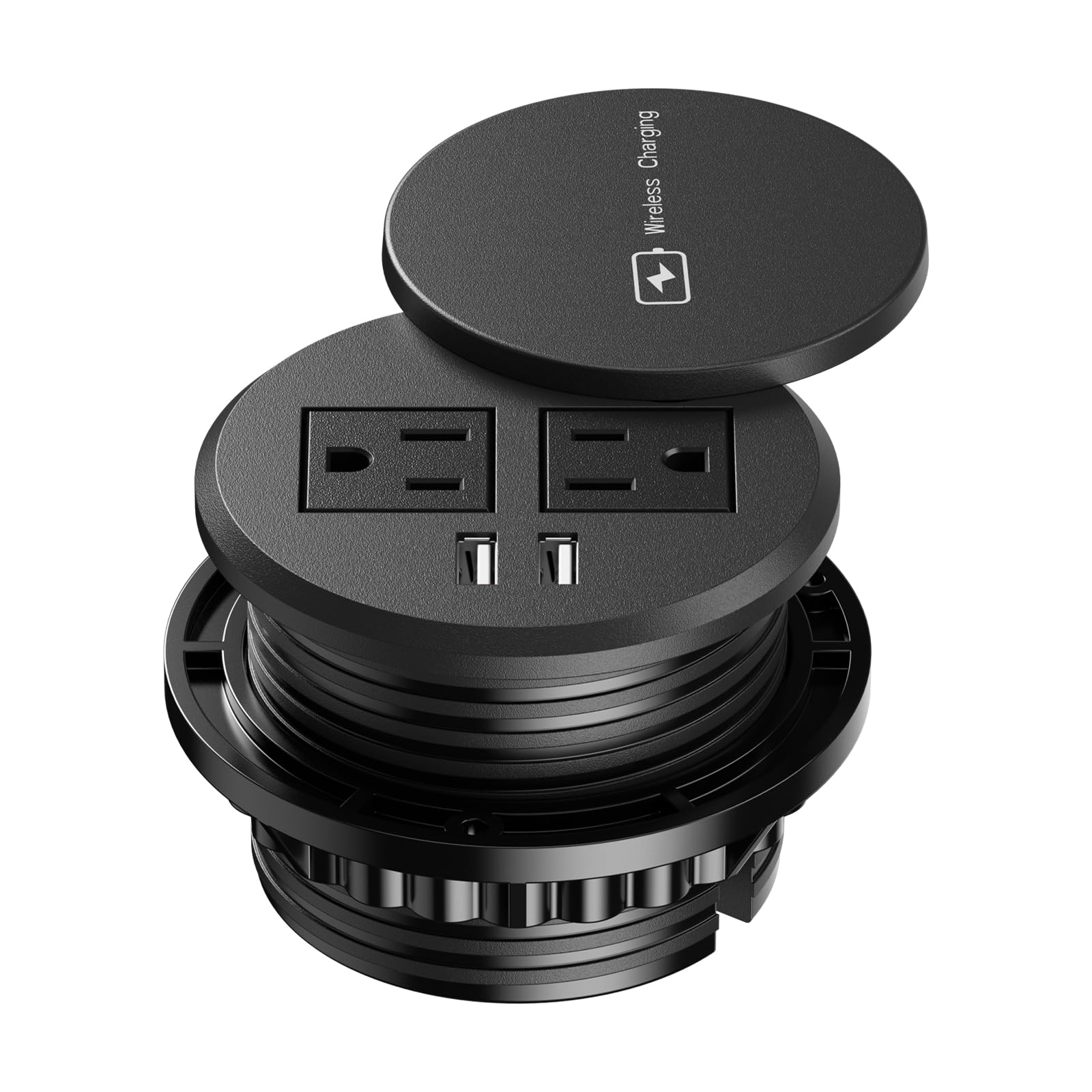 3 Inch Desk Hole Recessed Power Grommet With 15W Wireless Charger Cover, 2 Usb A Countertop Grommet Mount Power Outlet, With Ac