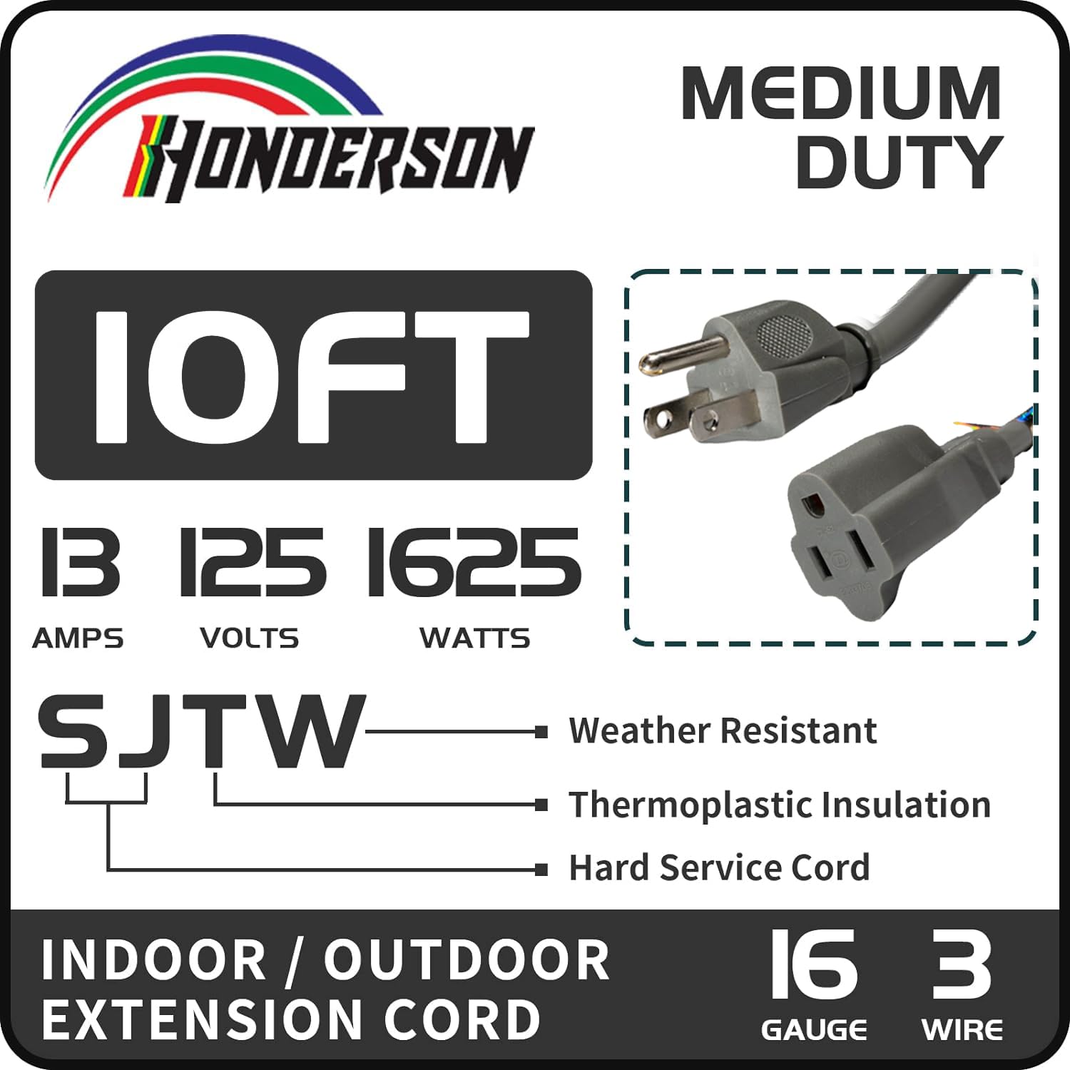 Honderson Indoor Outdoor Extension Cord Weatherproof, Ul Listed, 16 Gauge 10Ft Grey 3 Prong Heavy Duty, 16/3 Sjtw 13A Power Cord