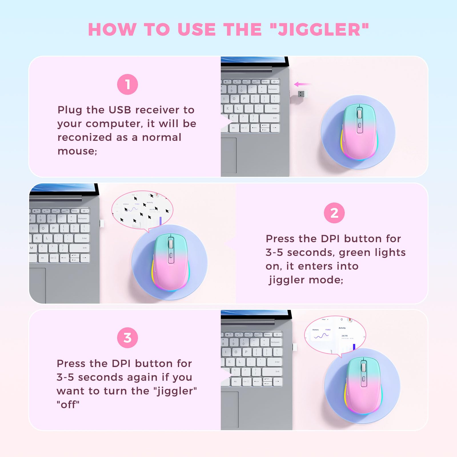 Wireless Mouse Jiggler   Led Wireless Mice With Build In Mouse Jiggler Mover, Rechargeable Moving Mouse For Computer With Undete