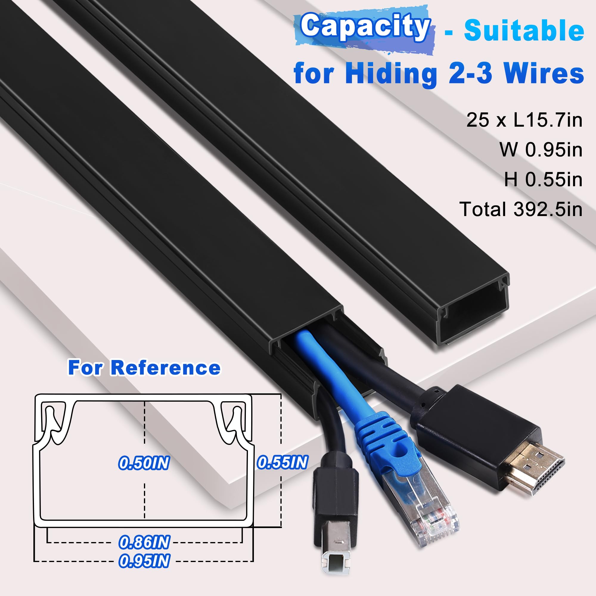 LZEOY 392.5in Black Cord Cover Kit - Wall Mounted Wire Hiders for TV, Cord Concealer, Medium Size, Ideal for Clean Cable Management