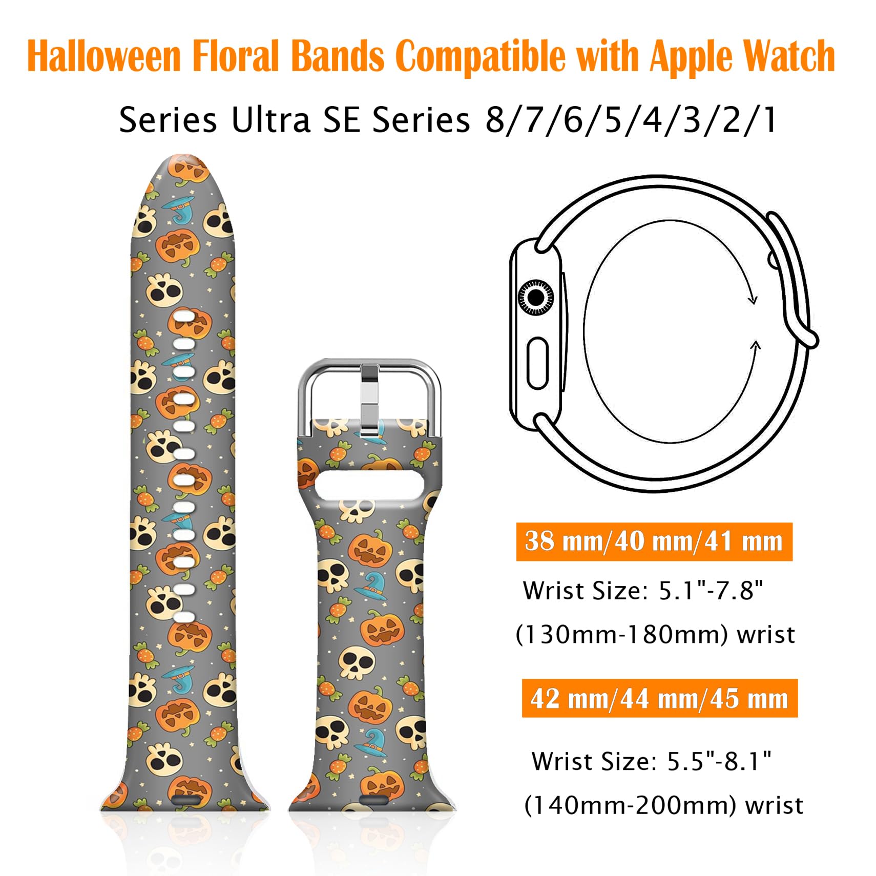 Ftfcase Fall Halloween Floral Silicone Bands Compatible With Apple Watch 49Mm 45Mm 44Mm 42Mm, Pumpkin Skull Gray Flower Sport St