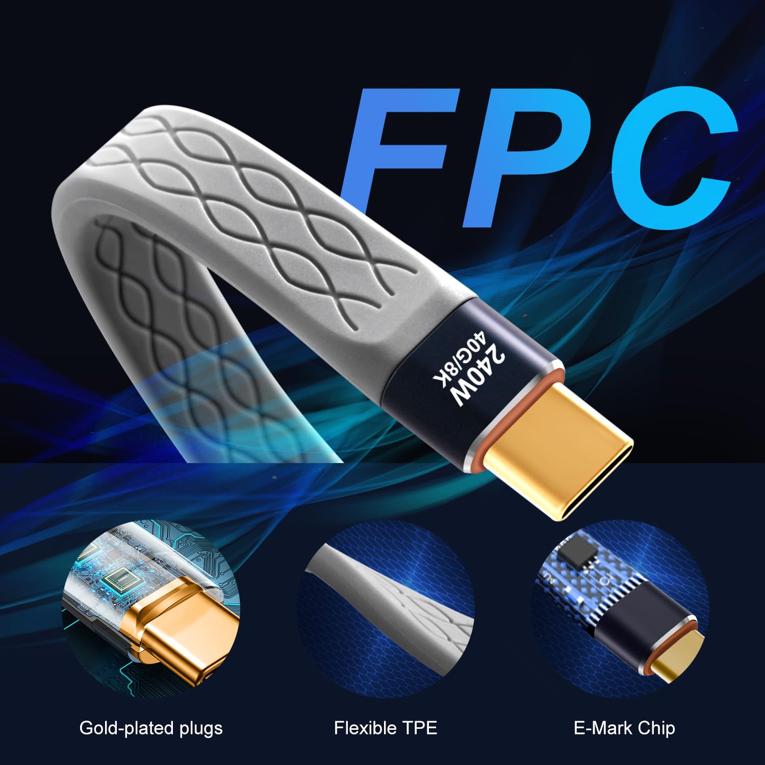 Apexsun (2 Pack Fpc 0.4Ft Usb C Cable,Usb C To Usb C Flexible Cable Support Thunderbolt 4/3,Usb4,240W Charging,8K Display,40Gbps Data Transfer For External Ssd, Egpu,Docking,Macbook,Pad, Phone