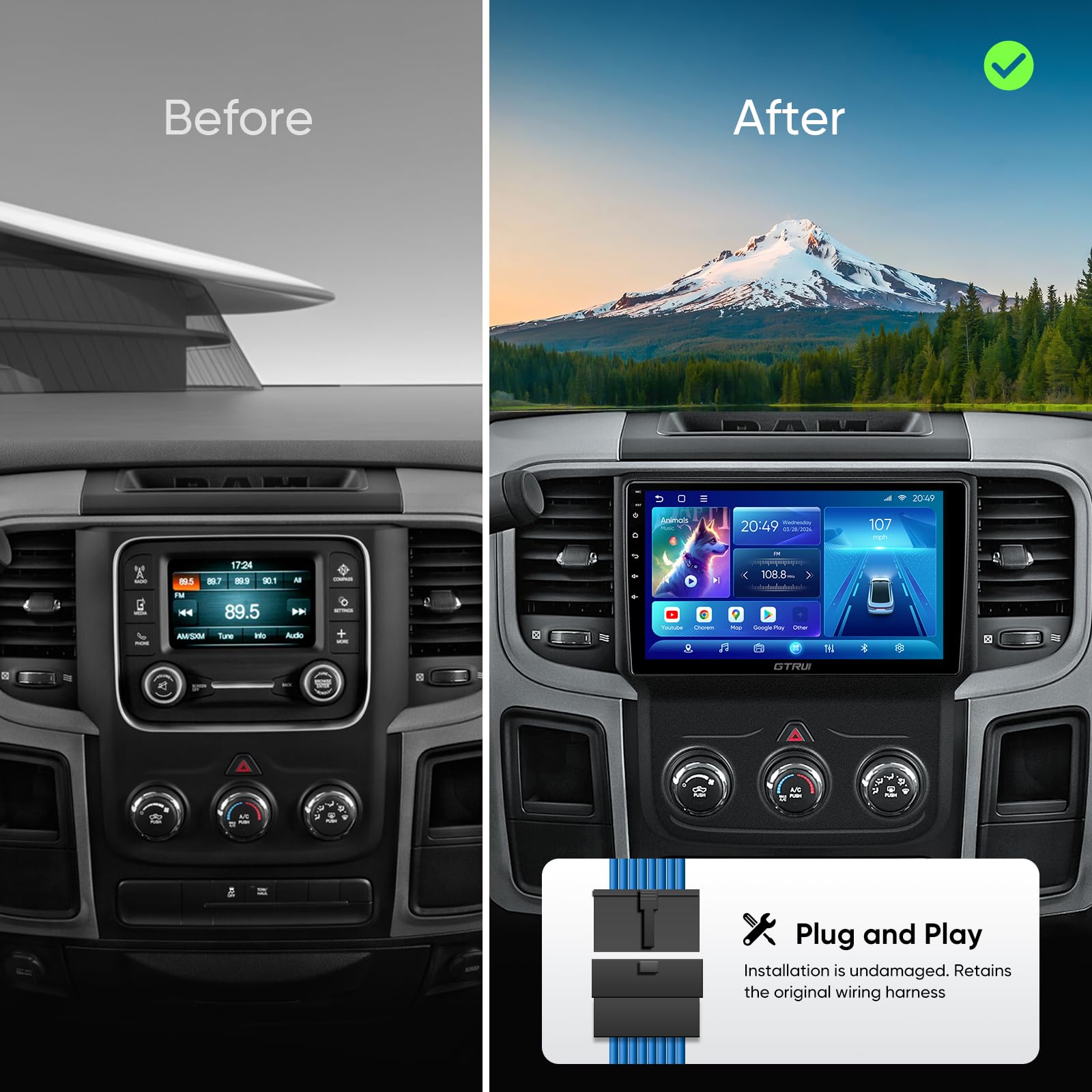 Gtrui 9 Inch Qled Touch Screen 4+64Gb Android Car Stereo For Dodge Ram 1500 2500 3500 2013 2018,Wireless Carplay Auto 5G Wifi Bl