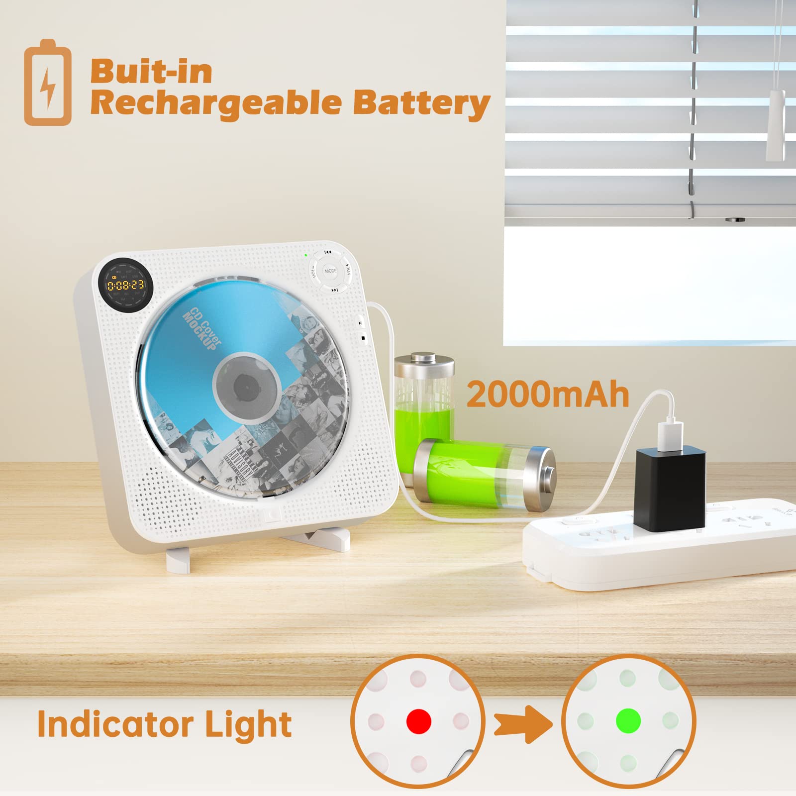 Cd Player Portable, Bluetooth Cd Player With Speakers Wall Cd Player For Home Rechargeable With Remote Control Fm Radio Digital