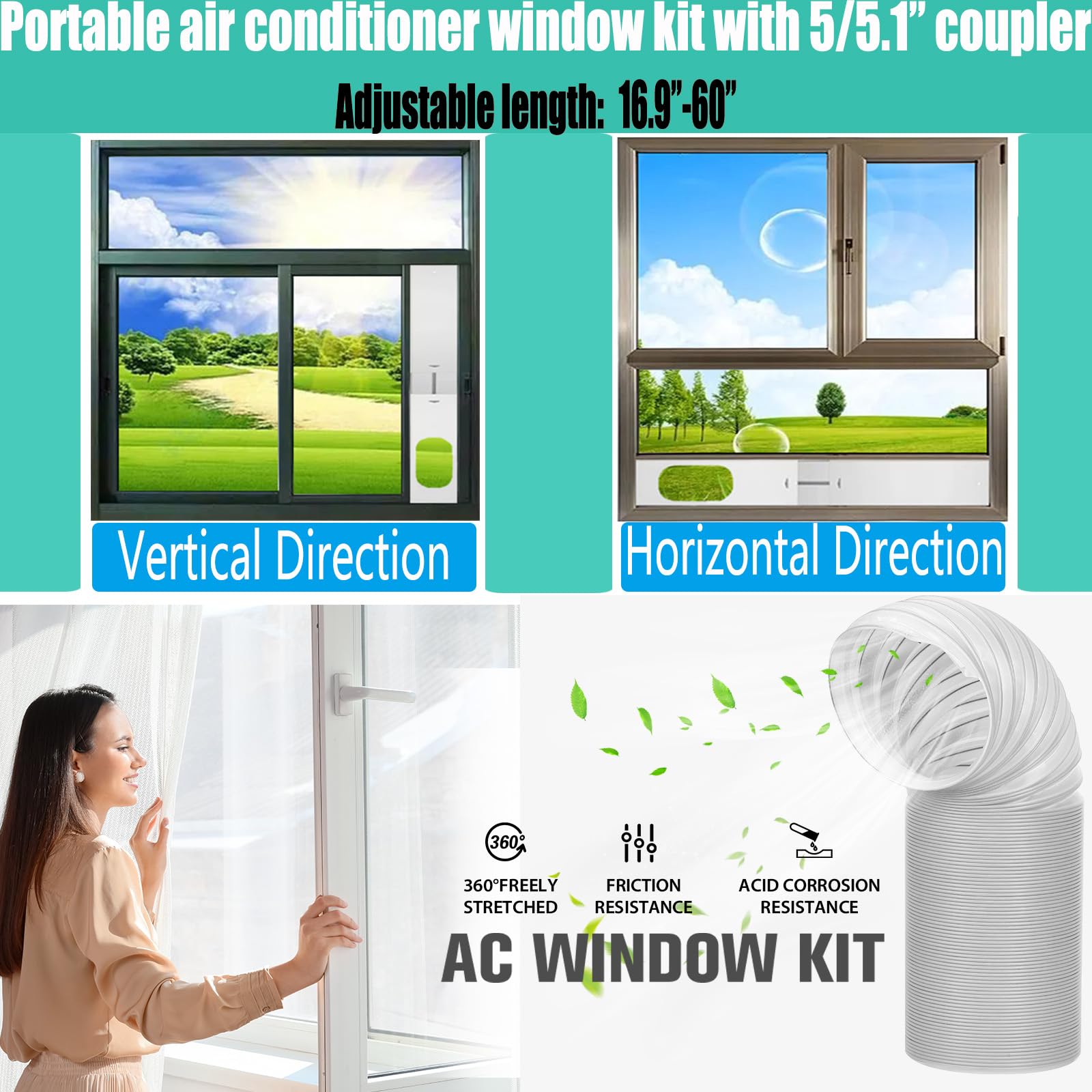Nihoney Portable Air Conditioner Window Vent Kit With Exhaust Hose 5.1 Inch Diameter, Adjustable 59 Inch Length Exhaust Hose For
