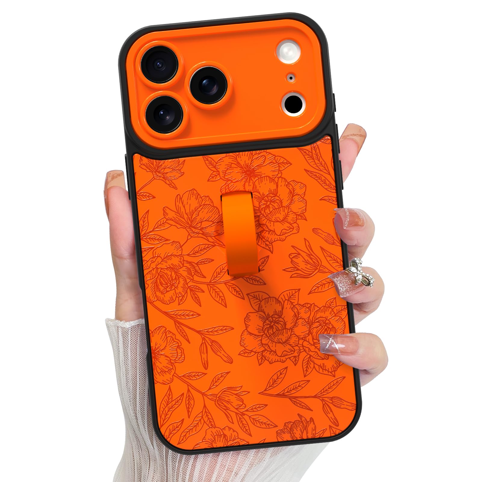 KANGHAR Compatible with iPhone 17 Pro Case, Silicone Rose Flower Cute Pattern, Wristband Kickstand Camera Protection Soft Slim C