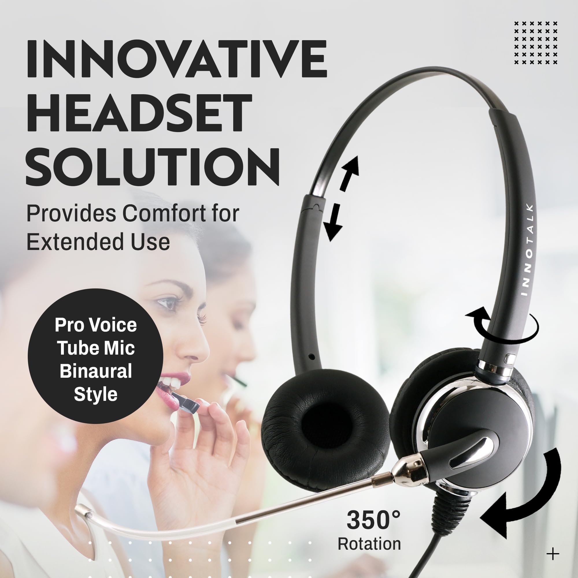 Innotalk   Rj9 Headset, Pro Voice Tube Binaural Office Phone Headset & Qd Pigtail Adapter, Call Center Phone Durable Headset For