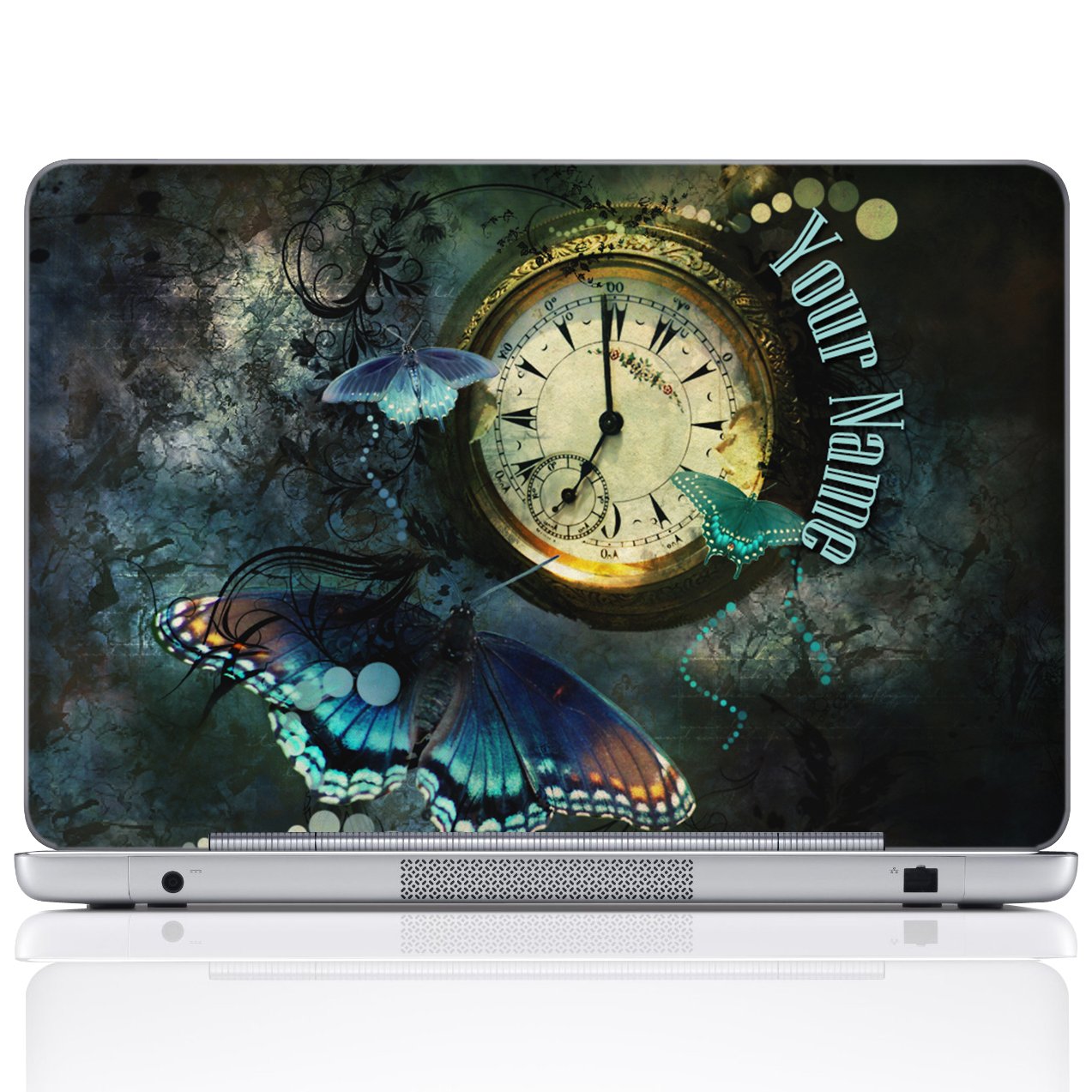 Meffort Inc Personalized Laptop Notebook Skin Sticker Cover Art Decal, Customize Your Name (14 Inch, Clock Butterfly)