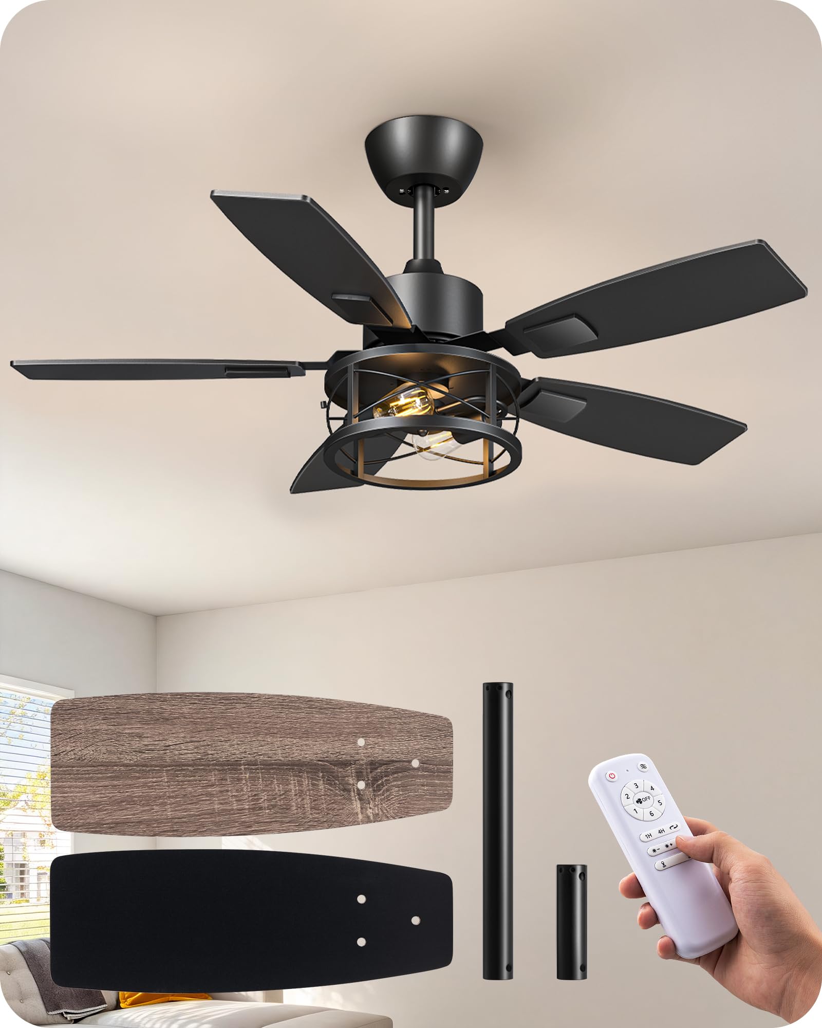 EDISHINE 42 Farmhouse Ceiling Fans with Lights and Remote, 10%-100% Dimmable, 6 Speeds, 5 Wood Blades, Reversible DC Motor, Time