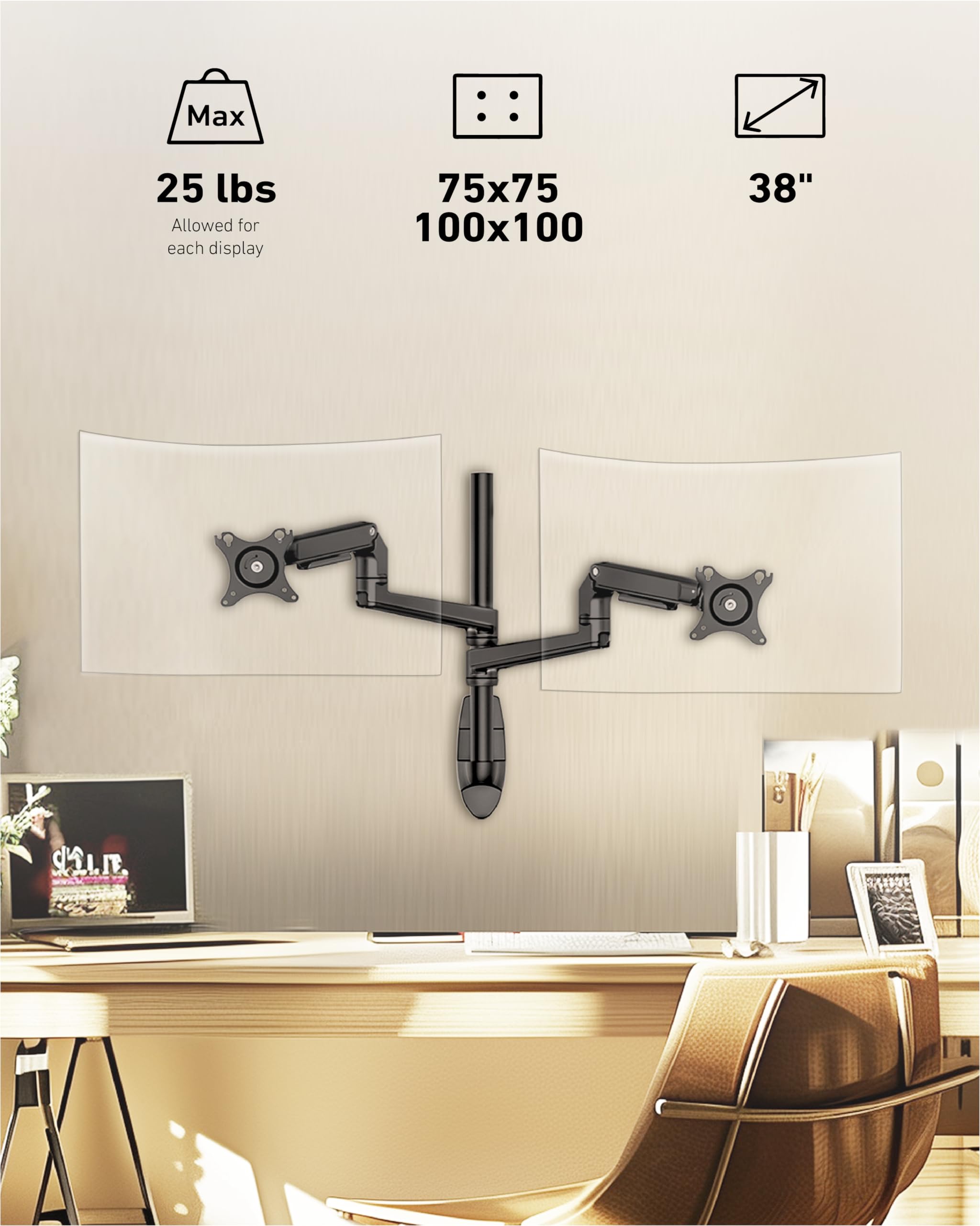 Ergounion Dual Monitor Wall Mount For Flat/Curved Monitor Up To 38'' Within 25Lbs, Full Motion Adjustable Computer Monitor Wall