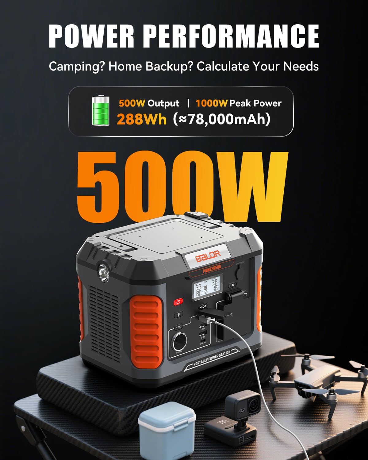 Baldr Portable Power Station, 500W Output, 288Wh Capacity, Ac Outlet, Usb Ports, Solar Charging Generator For Home Camping Emerg