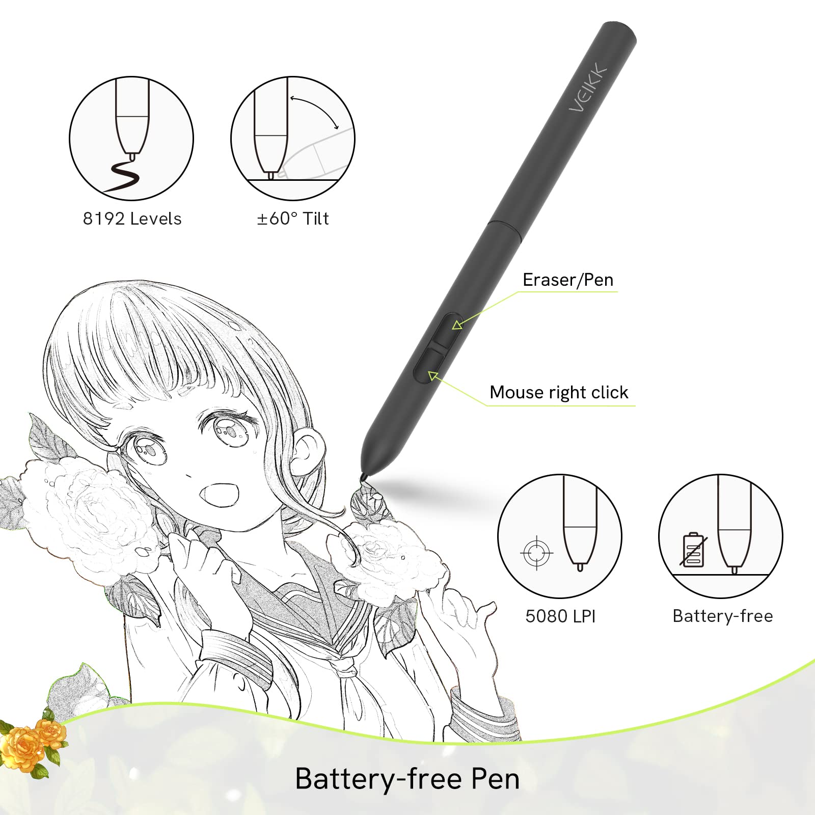 Veikk A30 Drawing Tablet, 10X6 Inch Graphics Tablet With 8192 Levels Battery-Free Stylus Pen, 4 Touch Keys, 1 Touch Pad, Compati