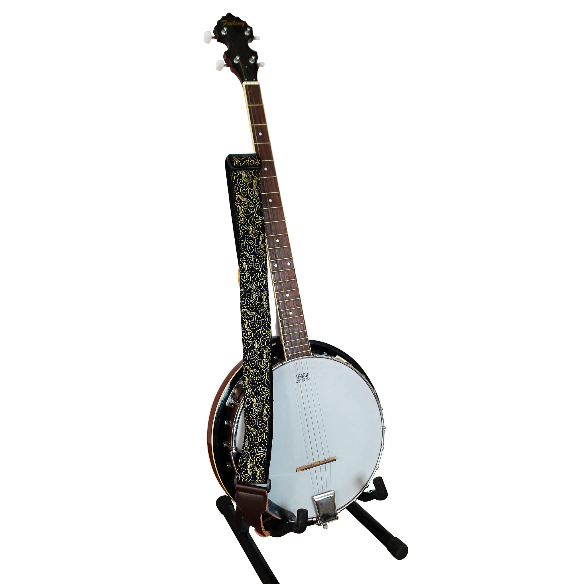 Music First, 2 Inch Width (5Cm), Padded, Vintage Ukiyoe Style''Auspicious Cloud'' Soft Muslin & Genuine Leather Delux Banjo Stra