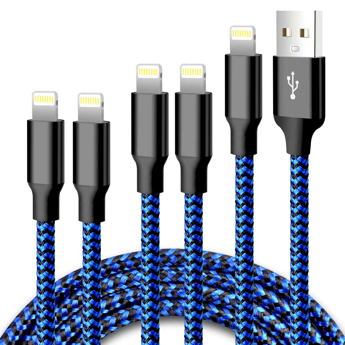 Cugunu Iphone Charger, 5 Pack 3/3/6/6/10Ft Apple Mfi Certified Usb Lightning Cable Nylon Braided Fast Charging Cord Compatible For Iphone 14/13/12/11/X/Max/8/7/6/5/Se/Plus/Ipad   Black Blue