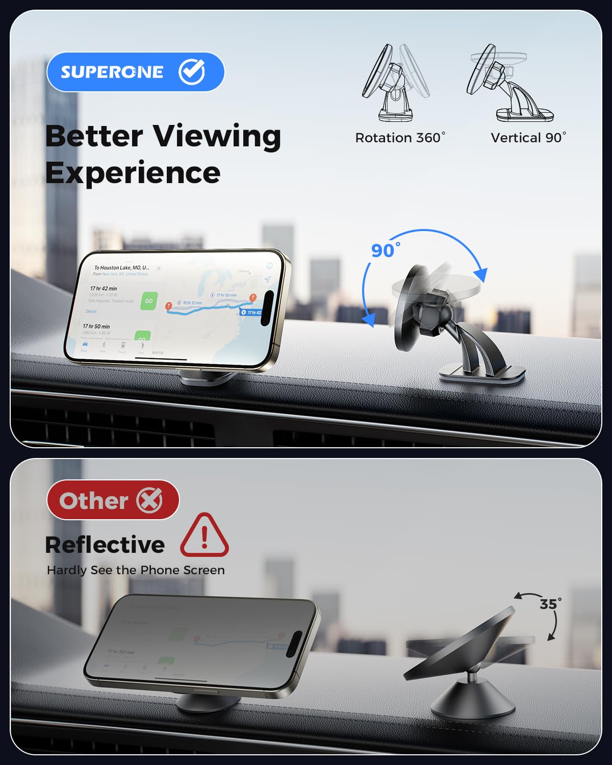 Superone For Magsafe Car Mount, [Never Drop] Strong Magnetic Phone Holder For Car Dash, [Hands Free] 360 Rotation Car Phone Hold