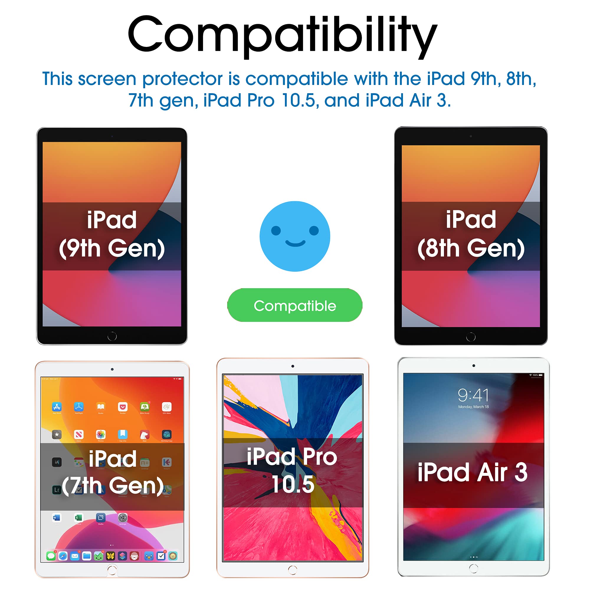 Amfilm Screen Protector For New Ipad 9 / Ipad 8 / Ipad 7, Apple Pencil Compatible, Tempered Glass, 2 Pack