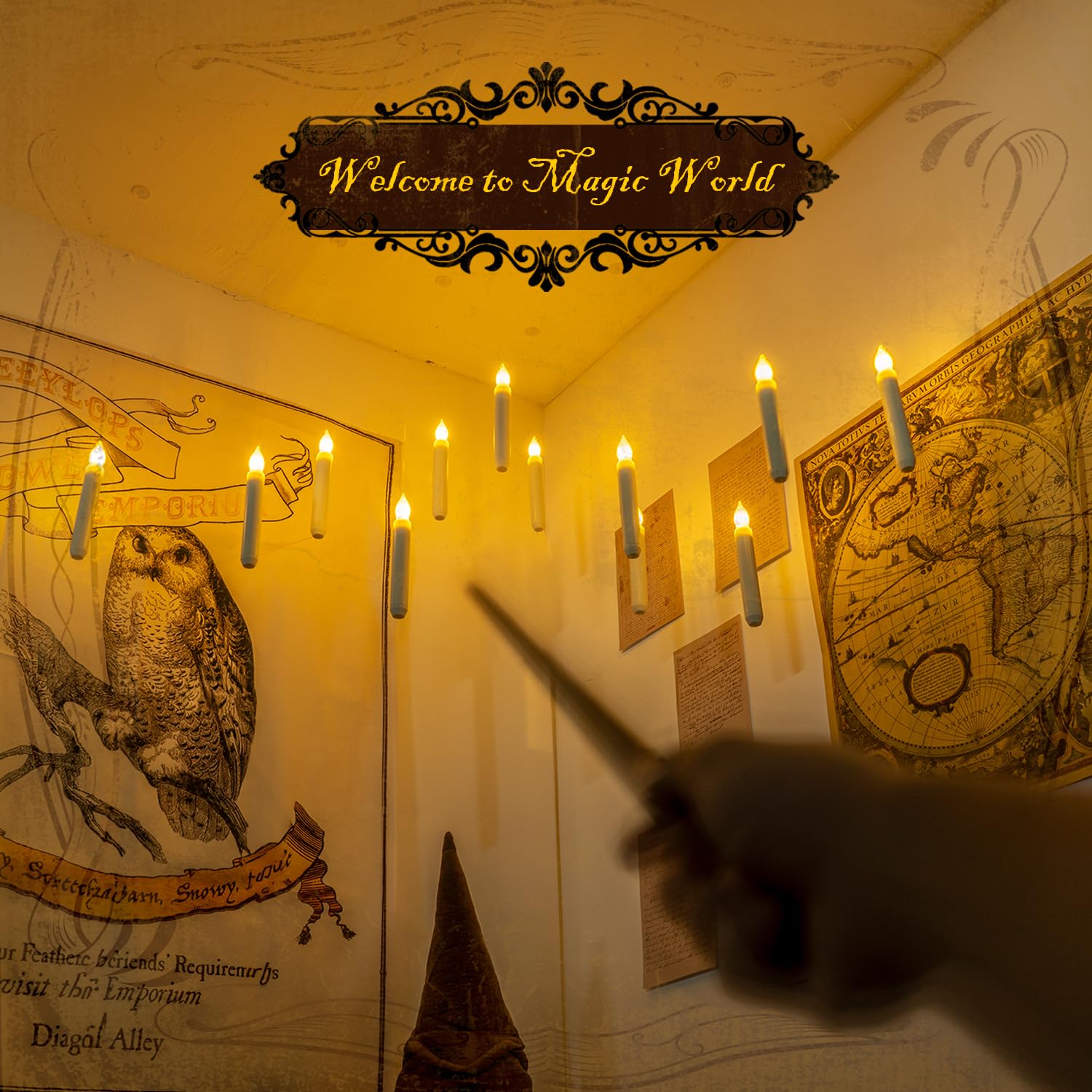 Homemory Hanging Floating Candles With Wand Remote And String, 12 Pcs Flying Flameless Led Taper Candles Warm White Light, Batte