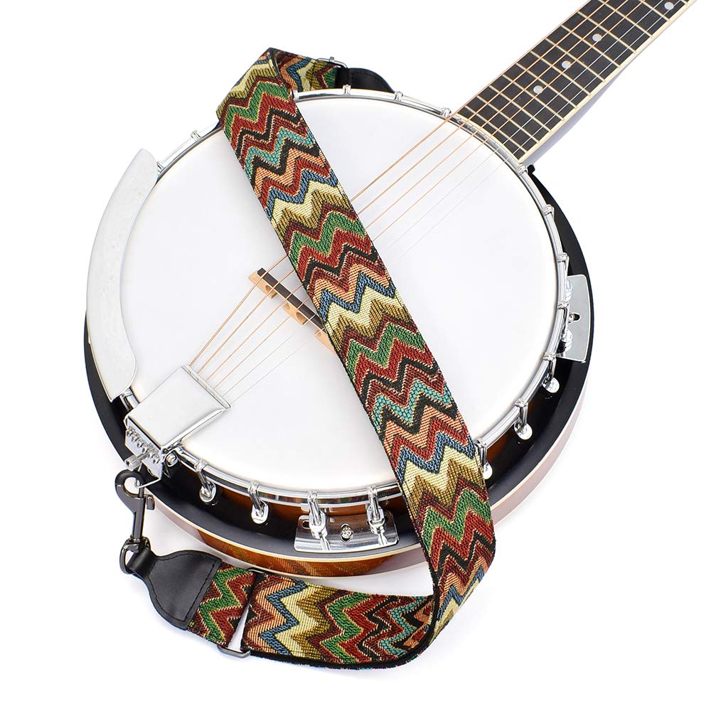 Cloudmusic Banjo Strap Jacquard Woven With Leather Ends Gunmetal Clips(Coloful Waves)