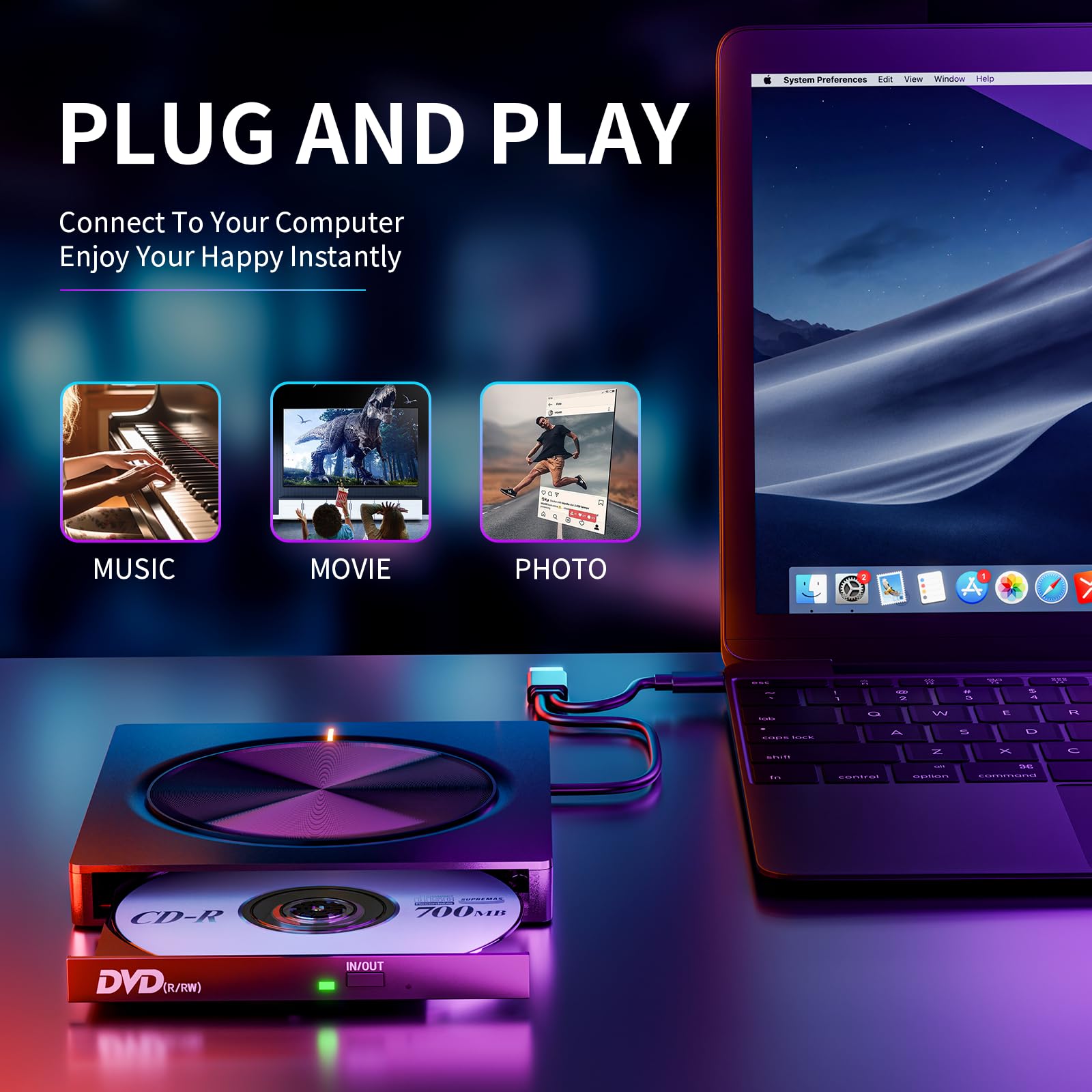 External Cd/Dvd Drive For Laptop,Dvd Player For Laptop,6 In 1 Portable Dvd Reader Writer Rom Drive,Usb Cd Burner External Disk D