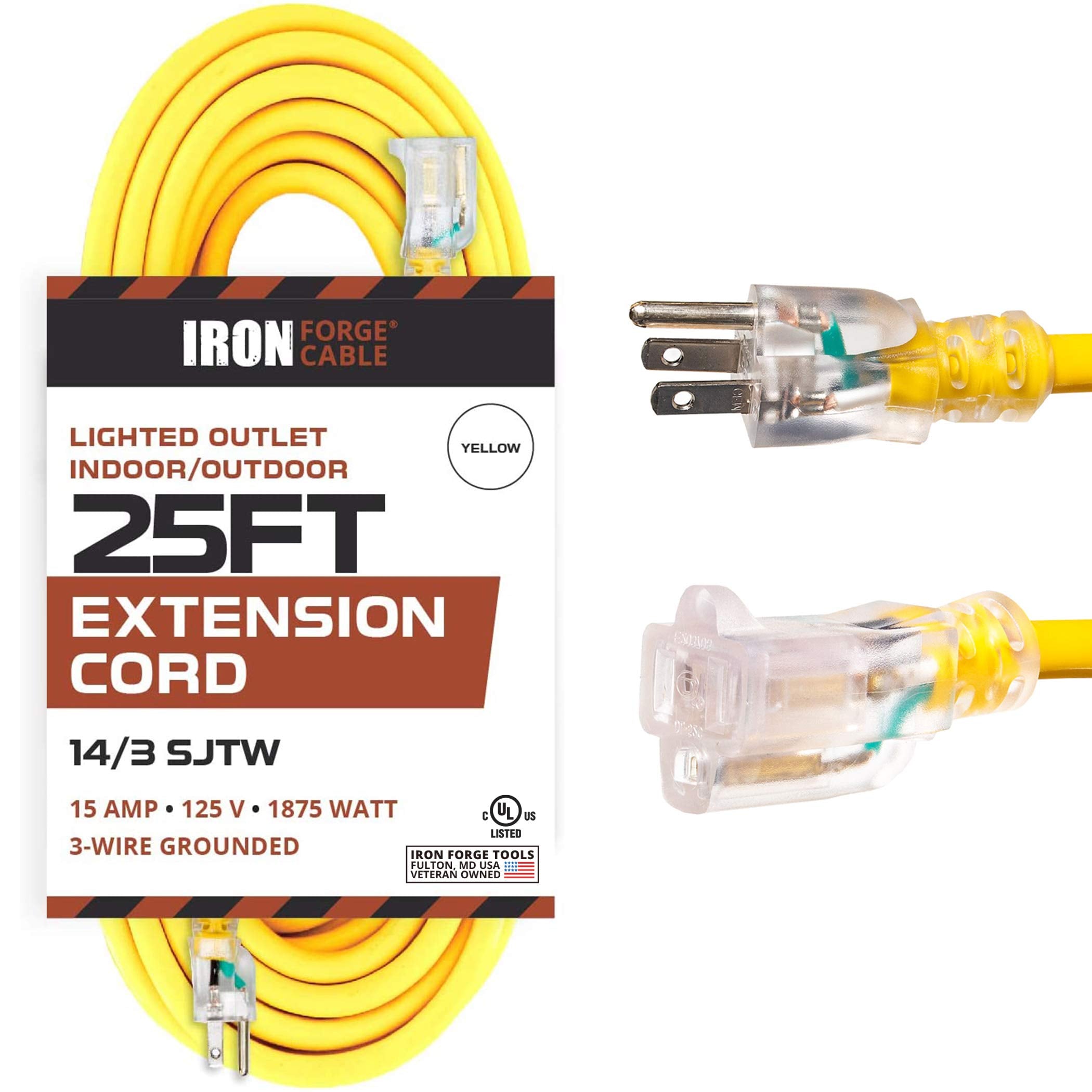 Iron Forge Cable Lighted Outdoor Extension Cord 25 Ft   14 Gauge 15 Amp Heavy Duty Power Extension Cords   Sjtw   Great For Majo