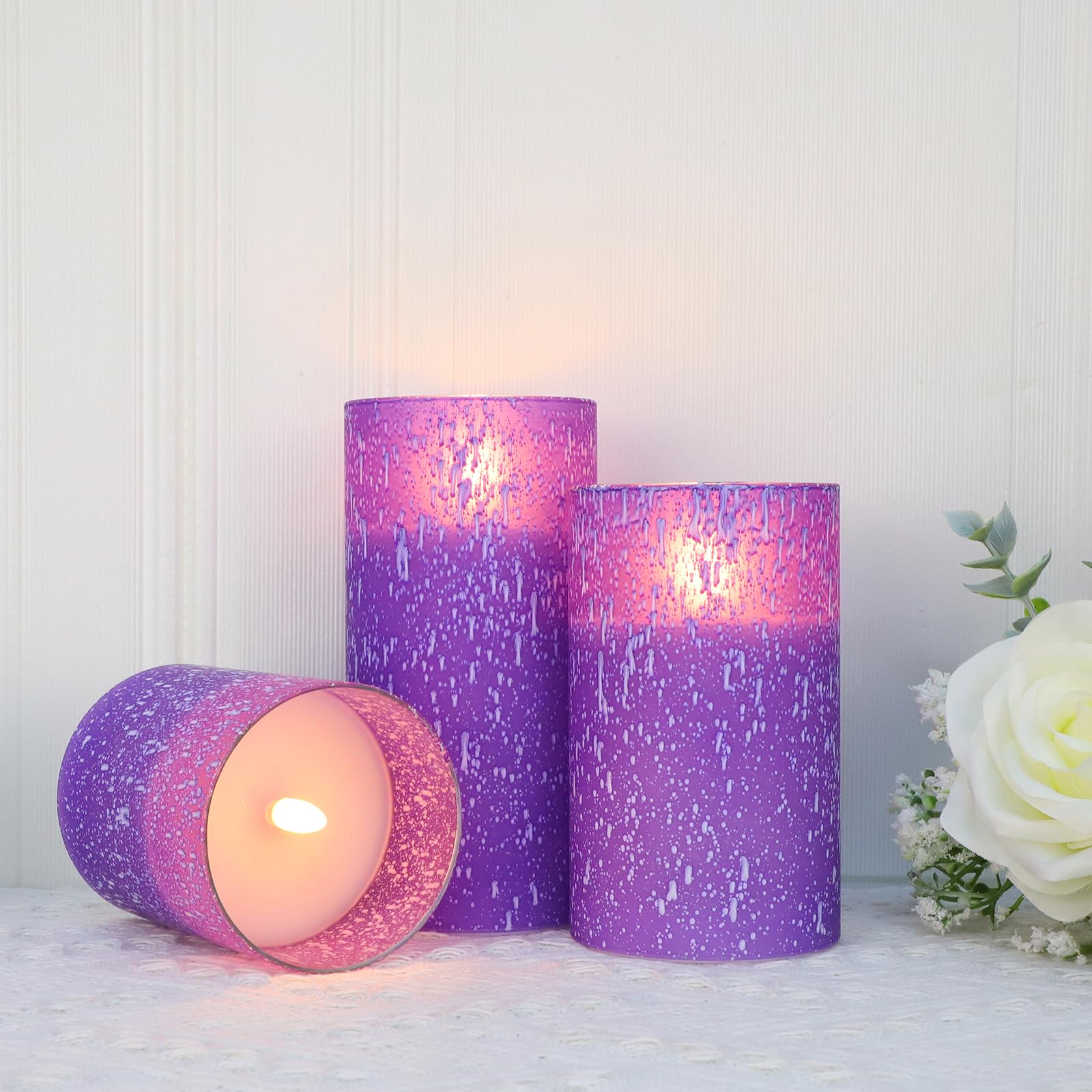 Covege Purple Flameless Candles   Flickering Real Wax Battery Operated Candles With 10 Key Remote And Timer, Set Of 3 Led Glass