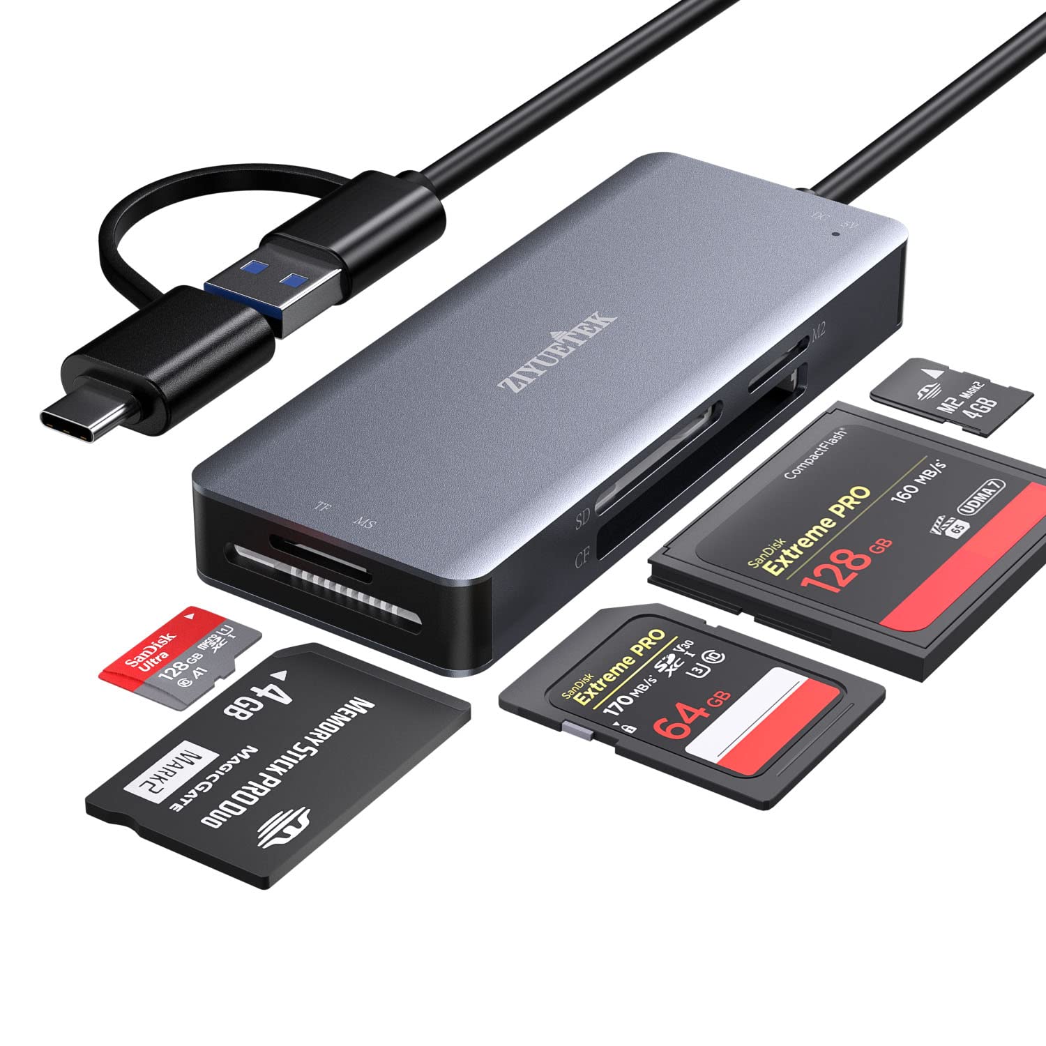 Usb C Usb3.0 Sd Card Reader, 5In1 Multi Card Reader For Sd/Tf/Cf/Micro Sd/Ms/M2, Drive Free For Iphone 15 Pro Max/Windows/Mac/Linux/Android (Usb3.0 And Type C)