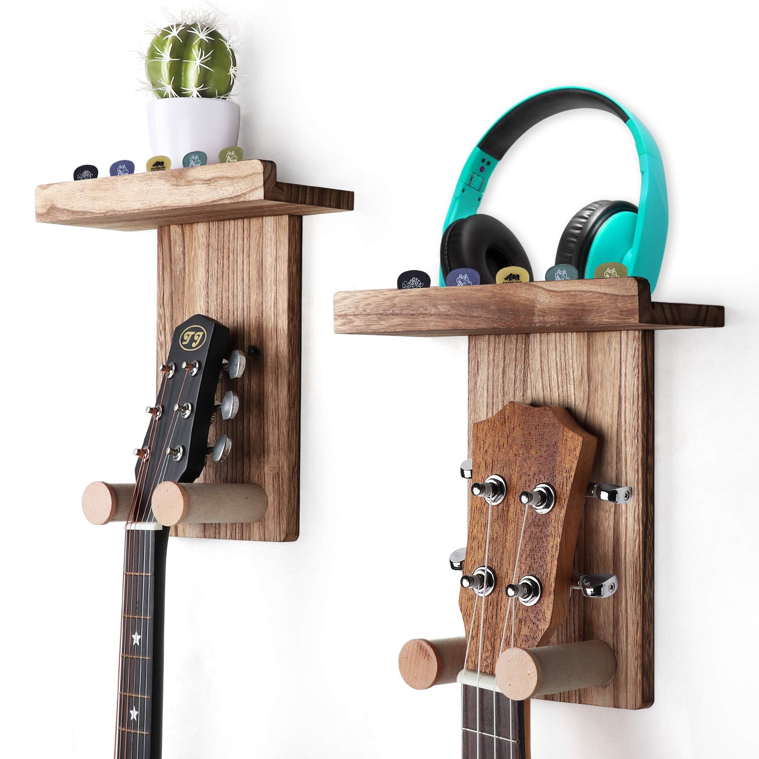 Keebofly Guitar Wall Mount,2 Pack Guitar Wall Hanger Holder Guitar Hanger Shelf With Pick Holder Wood Guitar Rack For Acoustic O