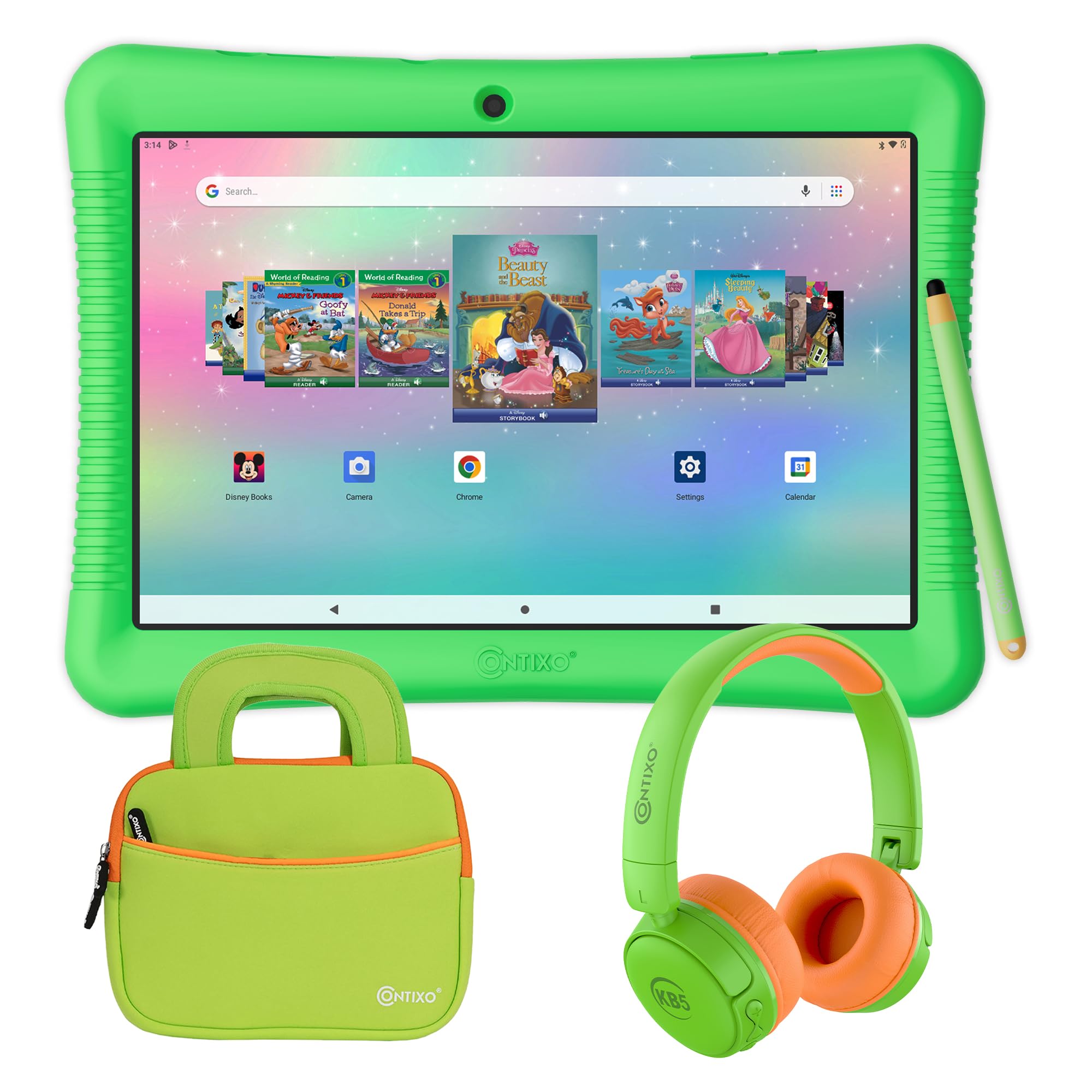 Contixo 10' Android Kids Tablet 64Gb Bundle, Includes 80+ Disney Storybooks & Stickers (Value $350), Kid Proof Case With Kickstand & Stylus, Headphone, Sleeve Bag (2023 Model) (Green)