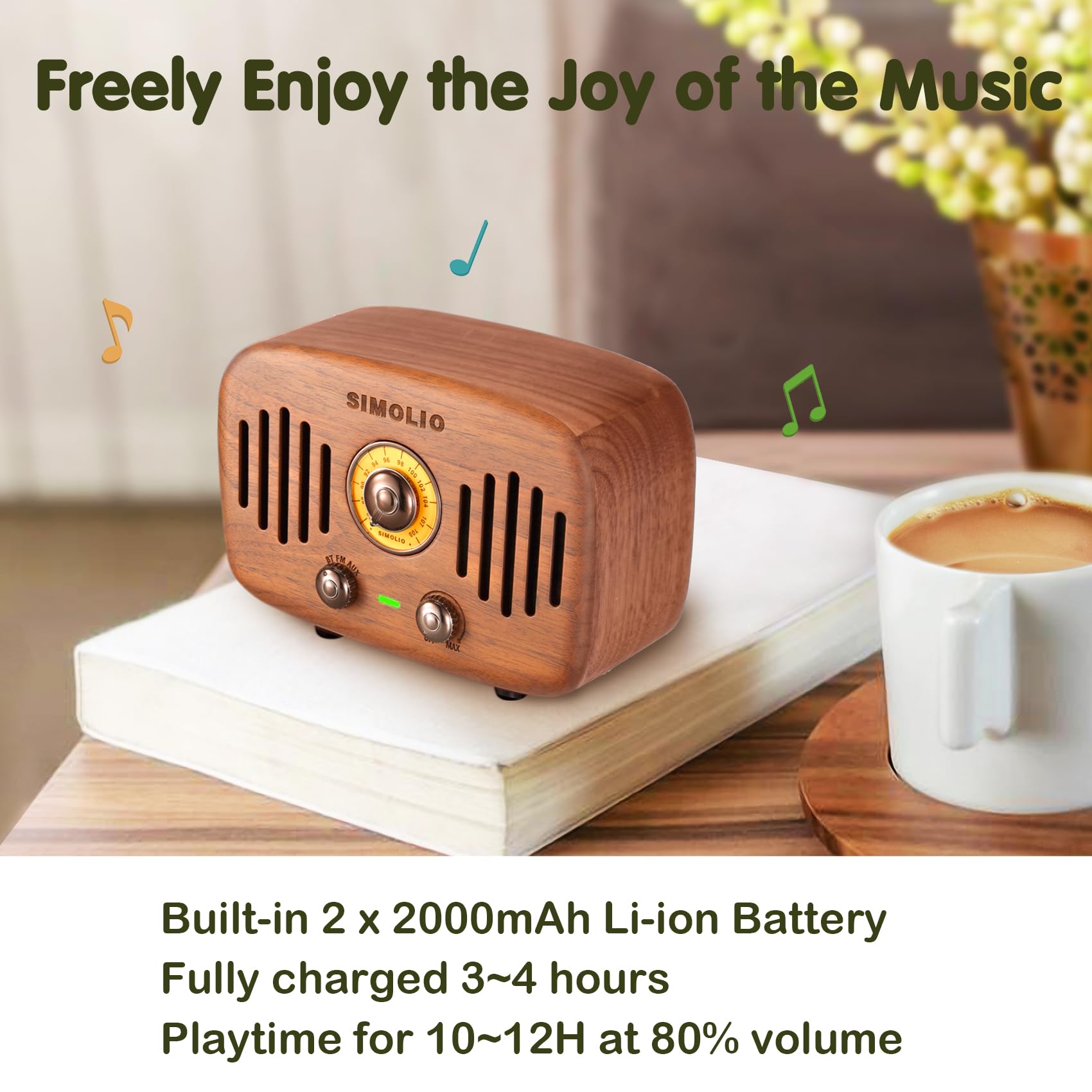 Simolio Vintage Radio Retro Bluetooth Speakers, Loud And Powerful 2X8W Ultimate Stereo Sound, Nature Black Walnut Wooden Speaker