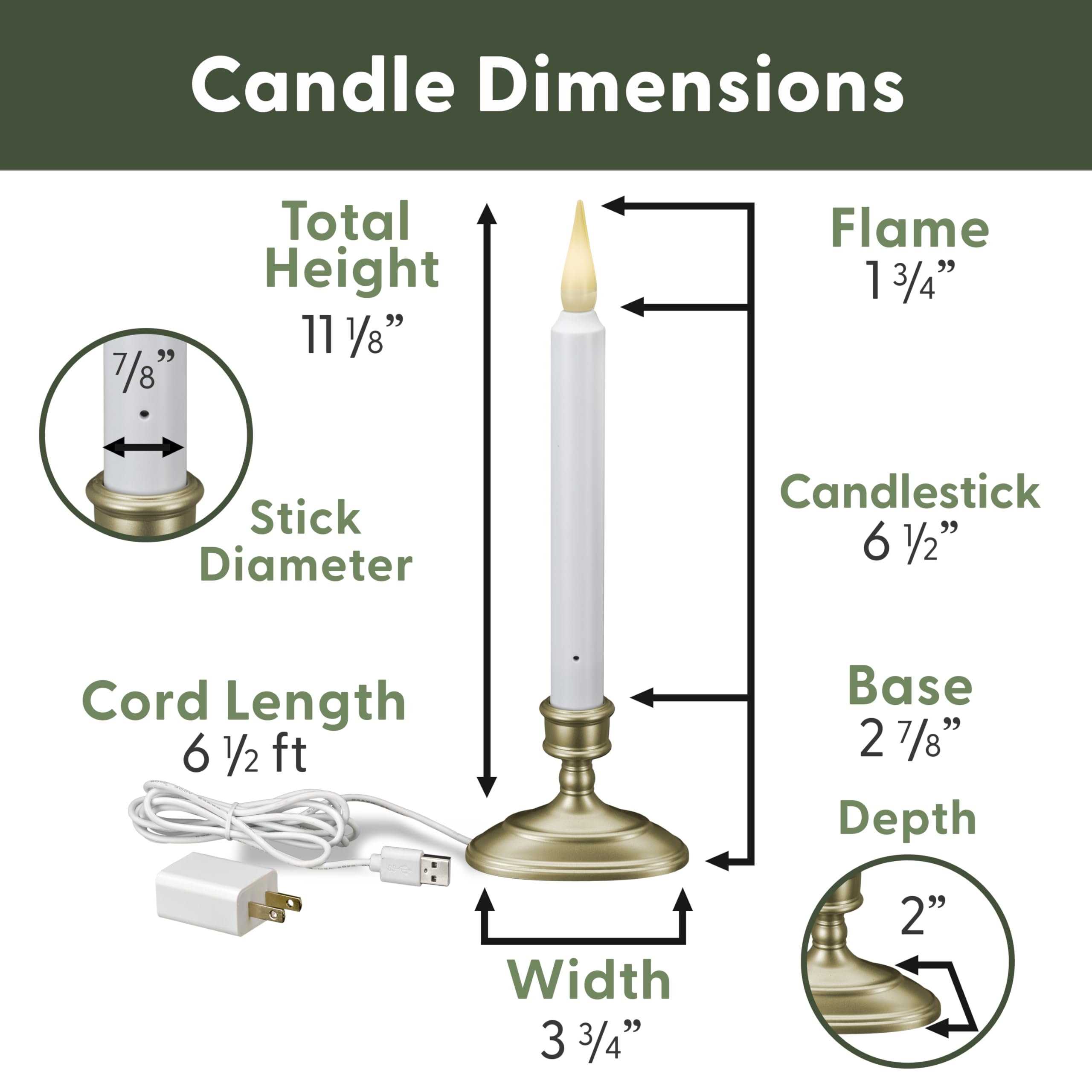 612 Vermont Led Electric Window Candles With Sensor Dusk To Dawn, Warm White Flicker Flame Or Steady On, Usb Low Voltage Adapter