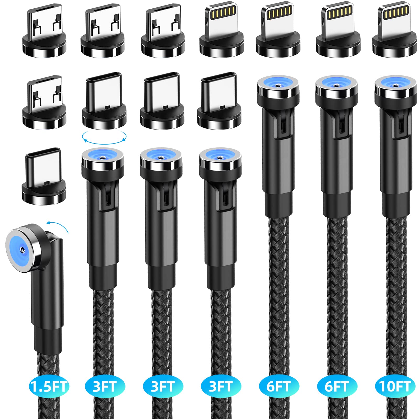 Magnetic Charging Cable [7 Pack 1.6Ft/3Ft/3Ft/3Ft/6Ft/6Ft/10Ft] 540 Rotating Magnetic Phone Charger 3 In 1 Magnetic Cable Nylon 