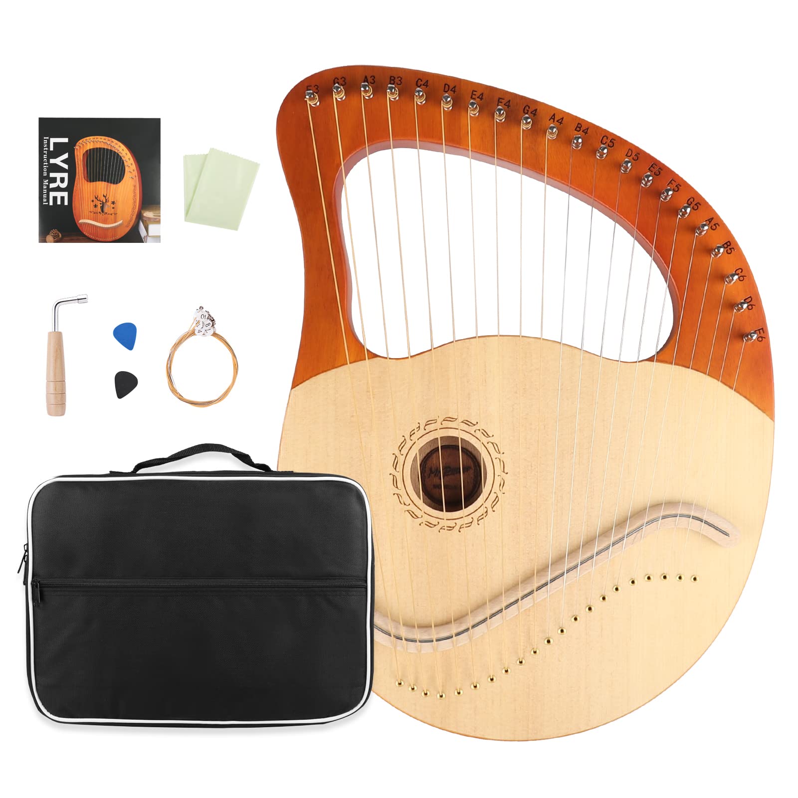 Mr.Power Lyre Harp, 21 Metal Strings Lyre Harp Gifts For Music Lovers, Beginners, Friend With Tuning Wrench, Replace String Set And Gig Bag (21 String, Natural Wood)