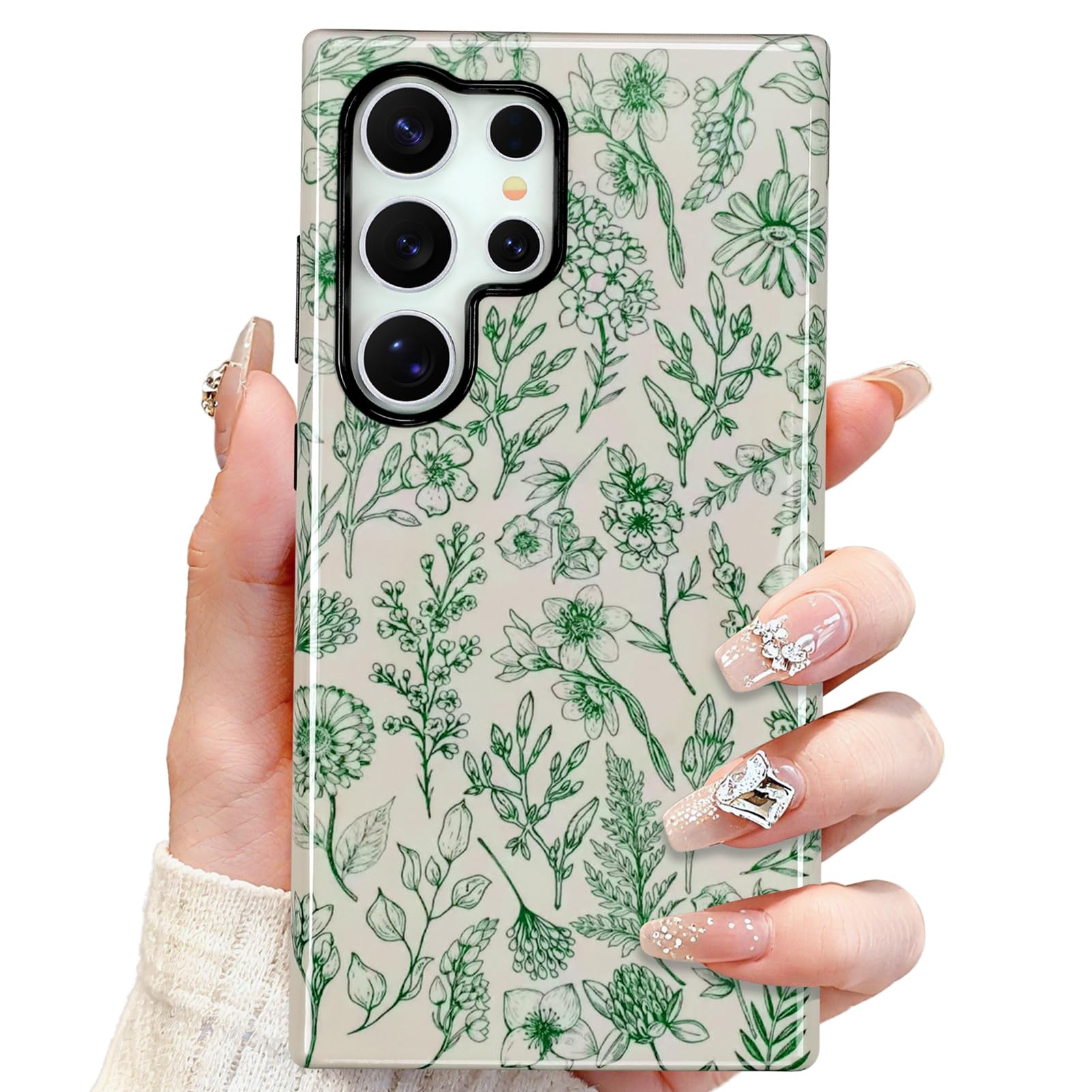 SOKAD Magnetic Sage Floral Phone Case for Samsung Galaxy S25 Ultra, Vintage Green Flower Pattern Compatible with Magsafe Glossy 