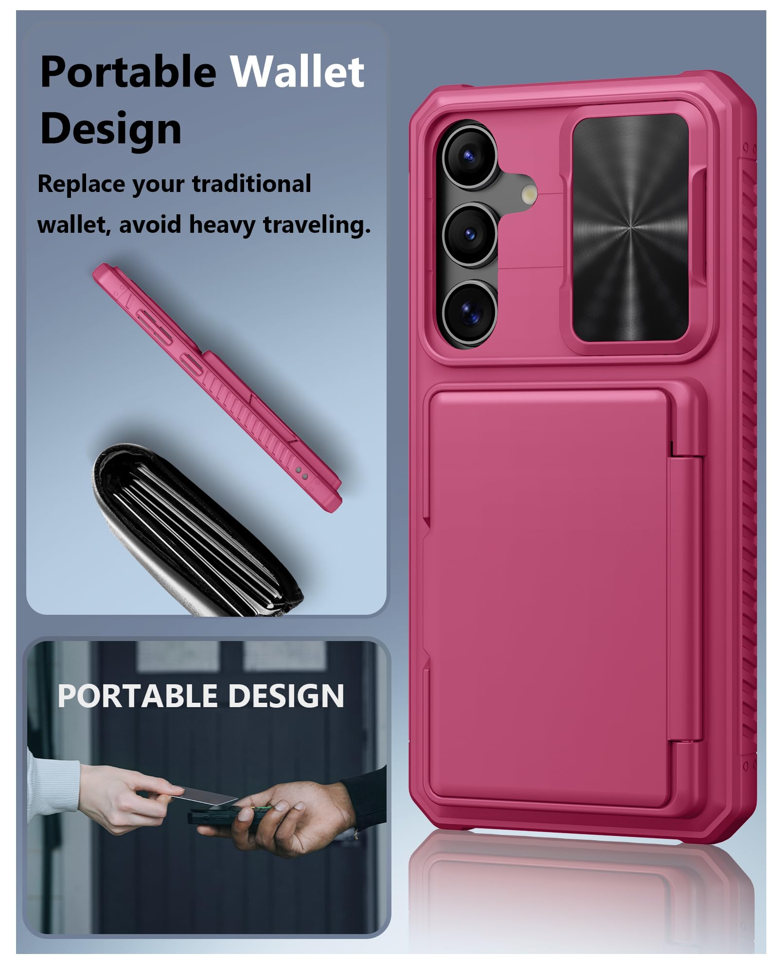 Atatoo For Samsung Galaxy S24+ Plus Case, Built In Card Holder(Store 4 5 Cards) & Slide Camera Cover, Military Grade Protection,