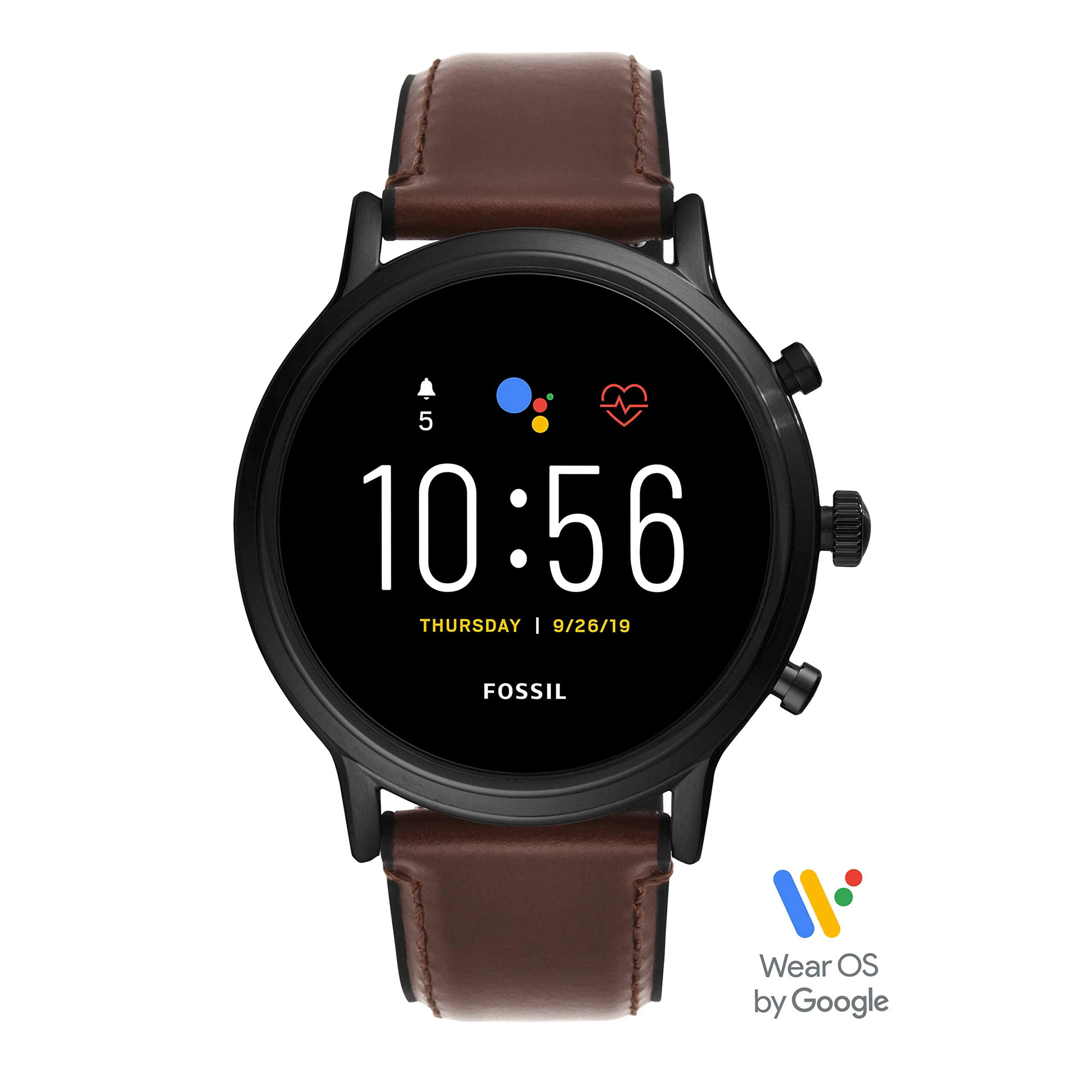 Fossil 44Mm Gen 5 Carlyle Stainless Steel And Leather Touchscreen Smart Watch, Color: Black, Brown (Model: Ftw4026)