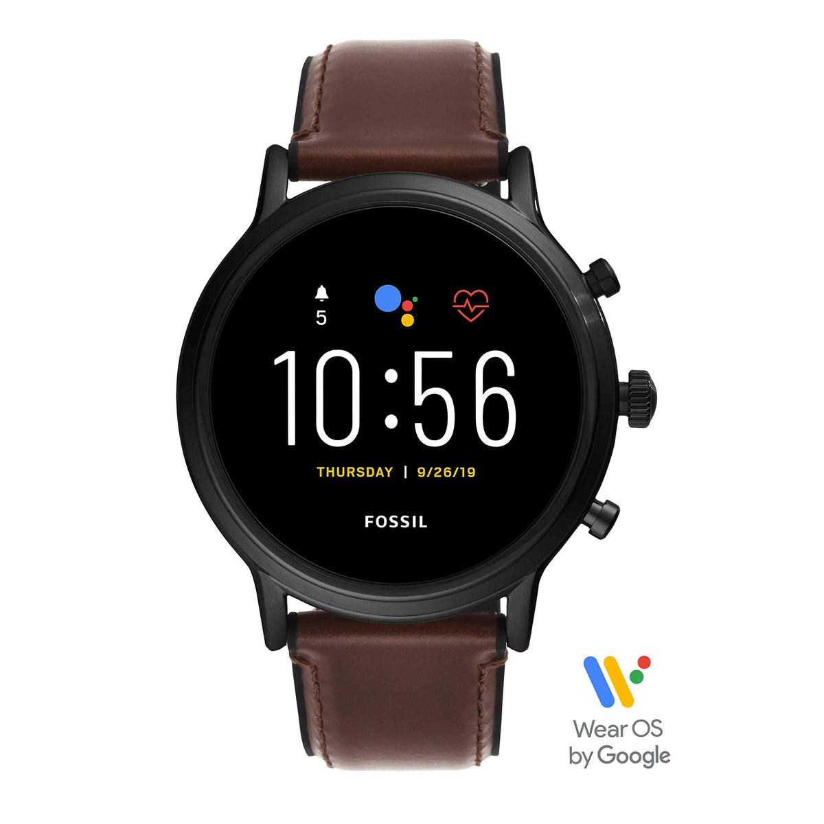 Fossil 44Mm Gen 5 Carlyle Stainless Steel And Leather Touchscreen Smart Watch, Color: Black, Brown (Model: Ftw4026)