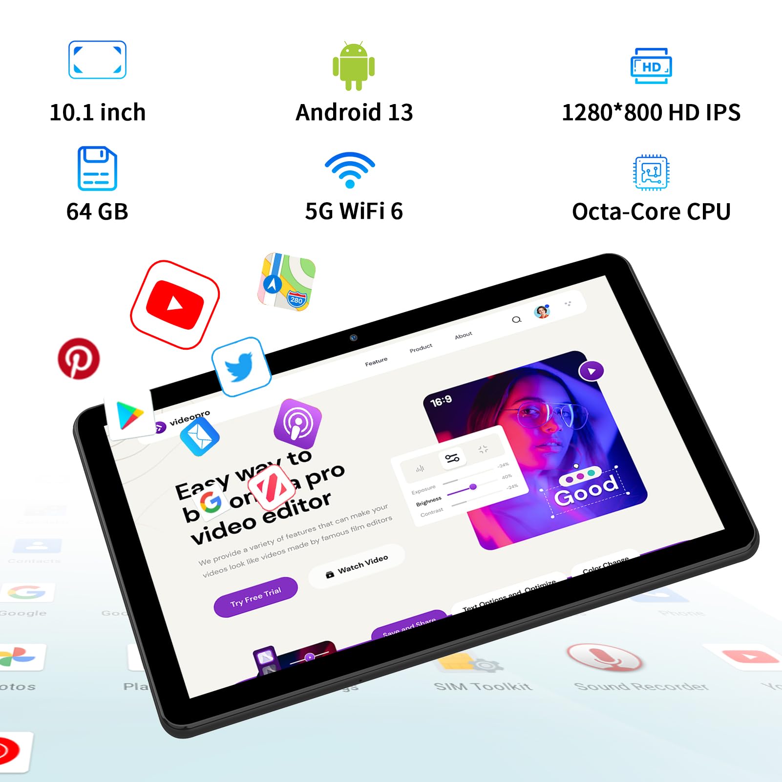 Pritom Touch 10 Plus 10 Inch Tablet Android 13, Octa Core, 5Ghz Wifi, 2 In 1 Tablet 64Gb With Keyboard, A Customized Case, Charg