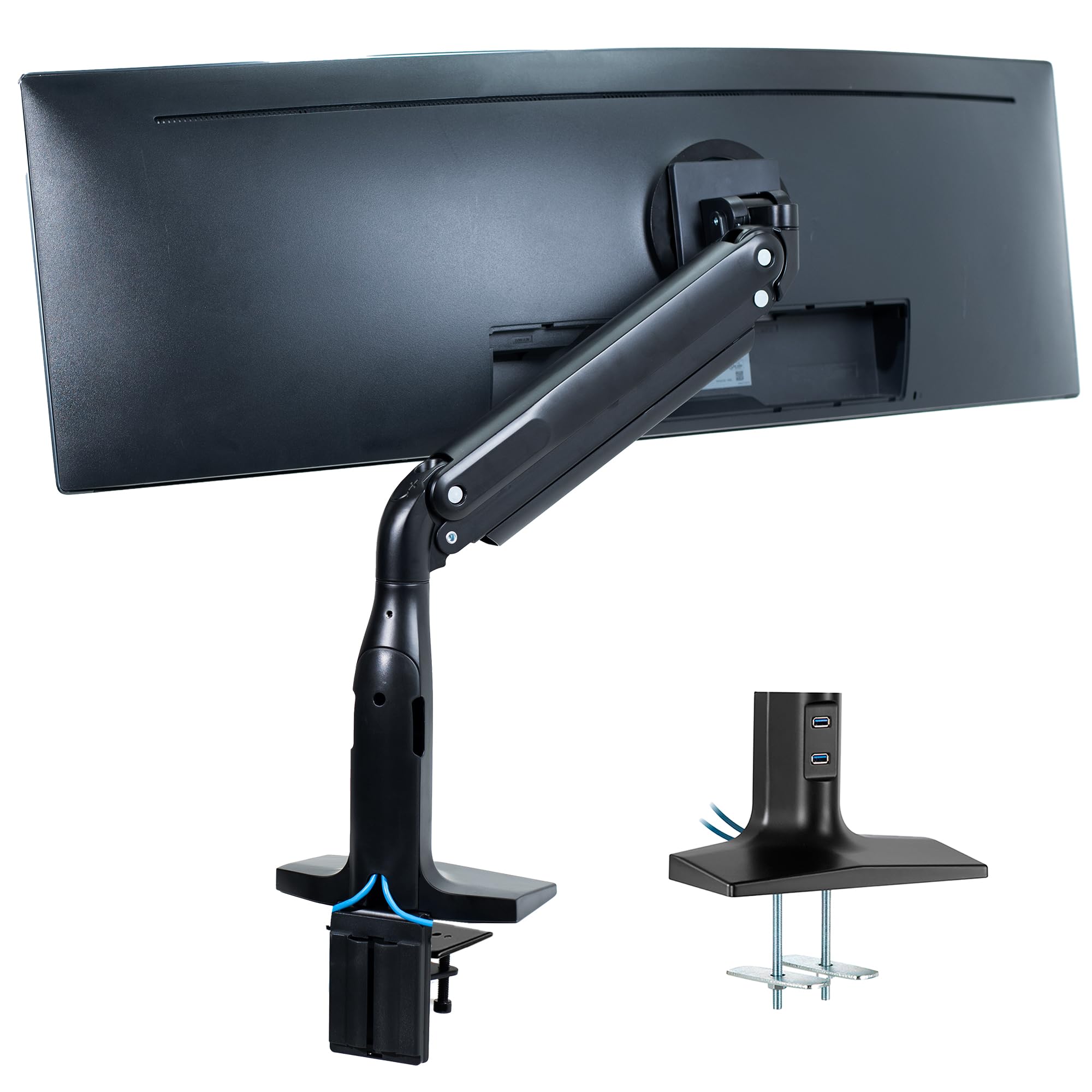 VIVO Aluminum Ultrawide Monitor Stand, Classic + USB, Fits up to 49 inch Screens, Single Articulating Pneumatic Arm, USB Ports, C Clamp and Grommet Desk Mount, Max VESA 200x100, Black, STAND V100HU