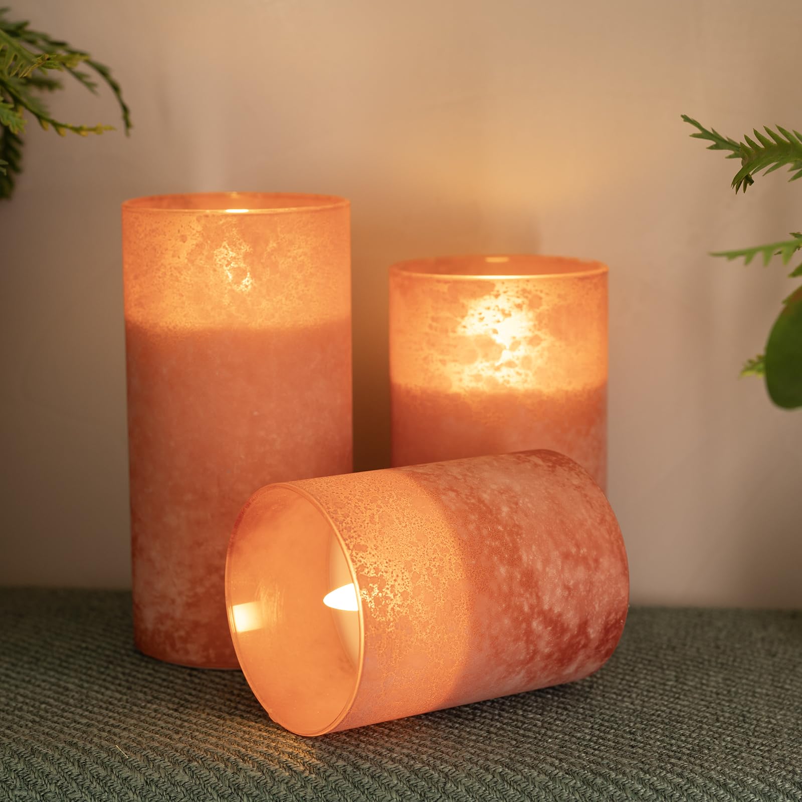 Hjandhj Orange Flameless Candles, Sandblast Glass Battery Operated Candles With 10-Key Remote And Timer,Set Of 3 Realistic Wax C