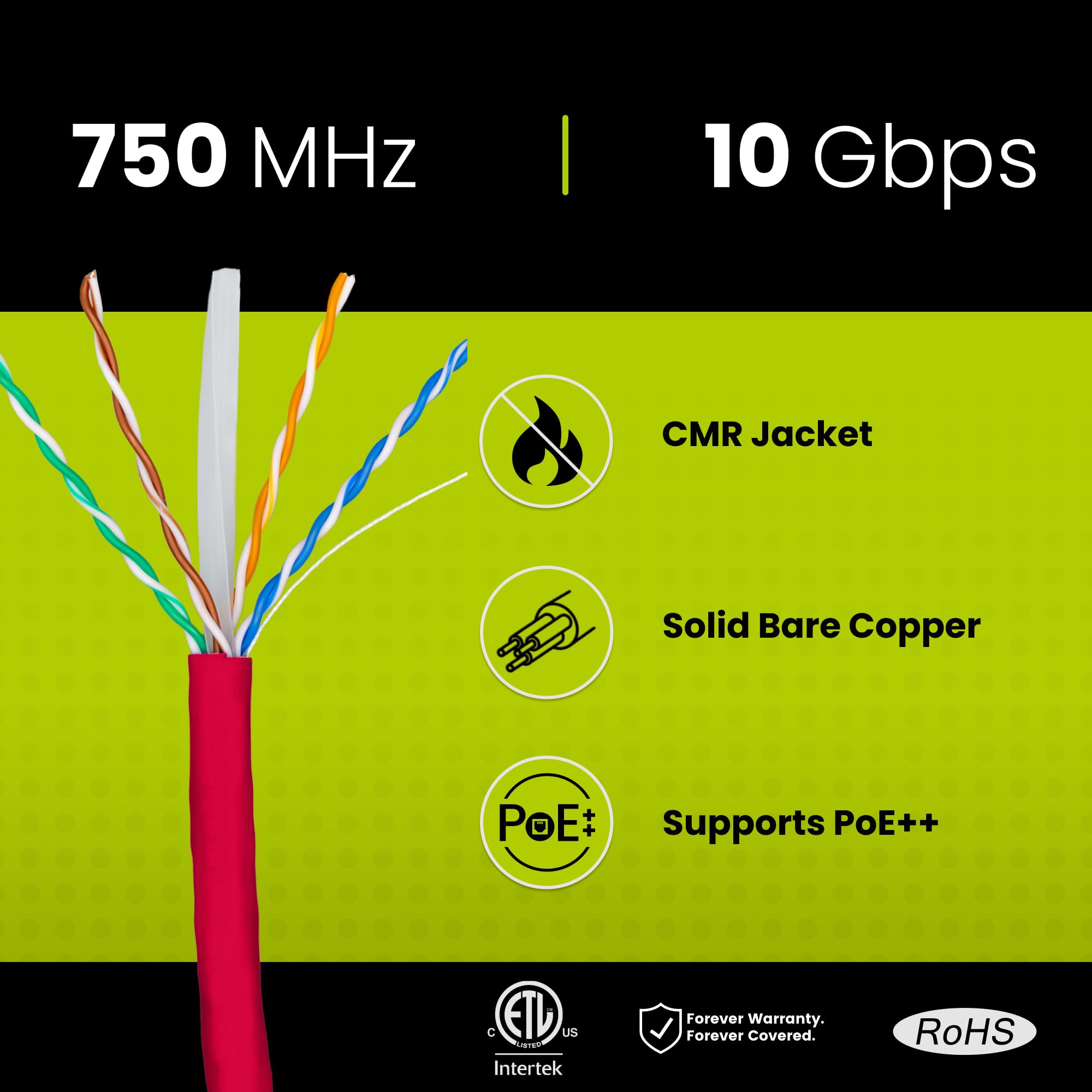 Truecable Cat6A Riser (Cmr), 1000Ft, Red, 23Awg 4 Pair Solid Bare Copper, 750Mhz, Poe++ (4Ppoe), Etl Listed, Unshielded Twisted Pair (Utp), Bulk Ethernet Cable