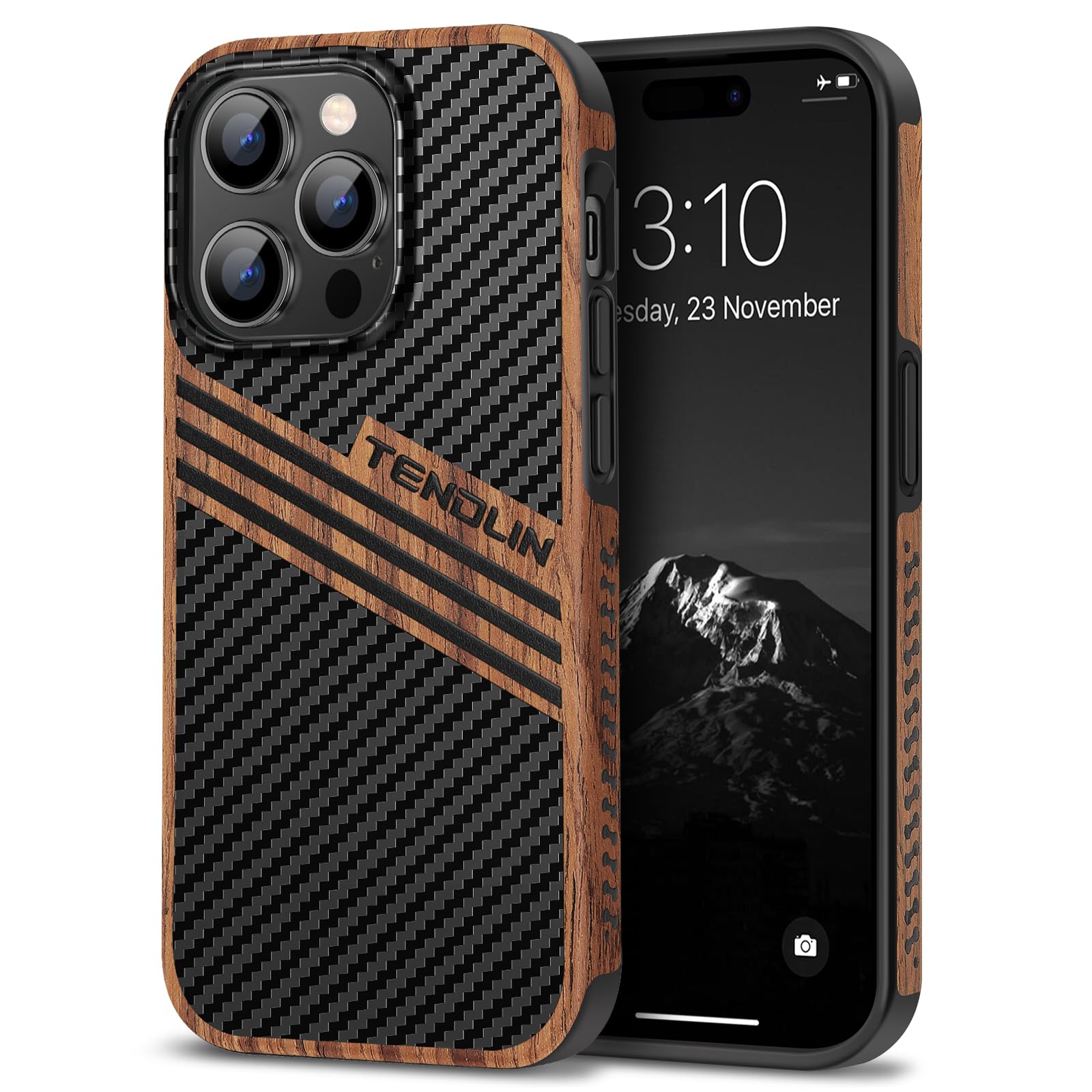 TENDLIN Compatible with iPhone 14 Pro Case Wood Grain with Carbon Fiber Texture Design Leather Hybrid Slim Case (Three Stripe)