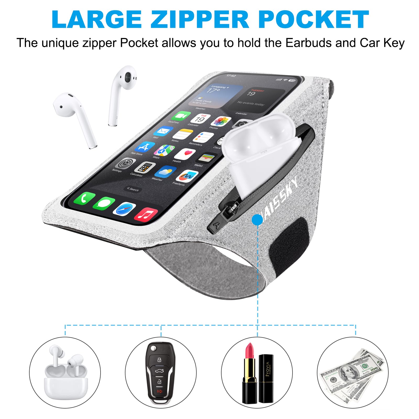 Cell Phone Running Armband With Earbuds Zipper Pocket Armband Case Running Holder For Iphone 16 Pro Max/15/14 Pro Max/13/12 /11