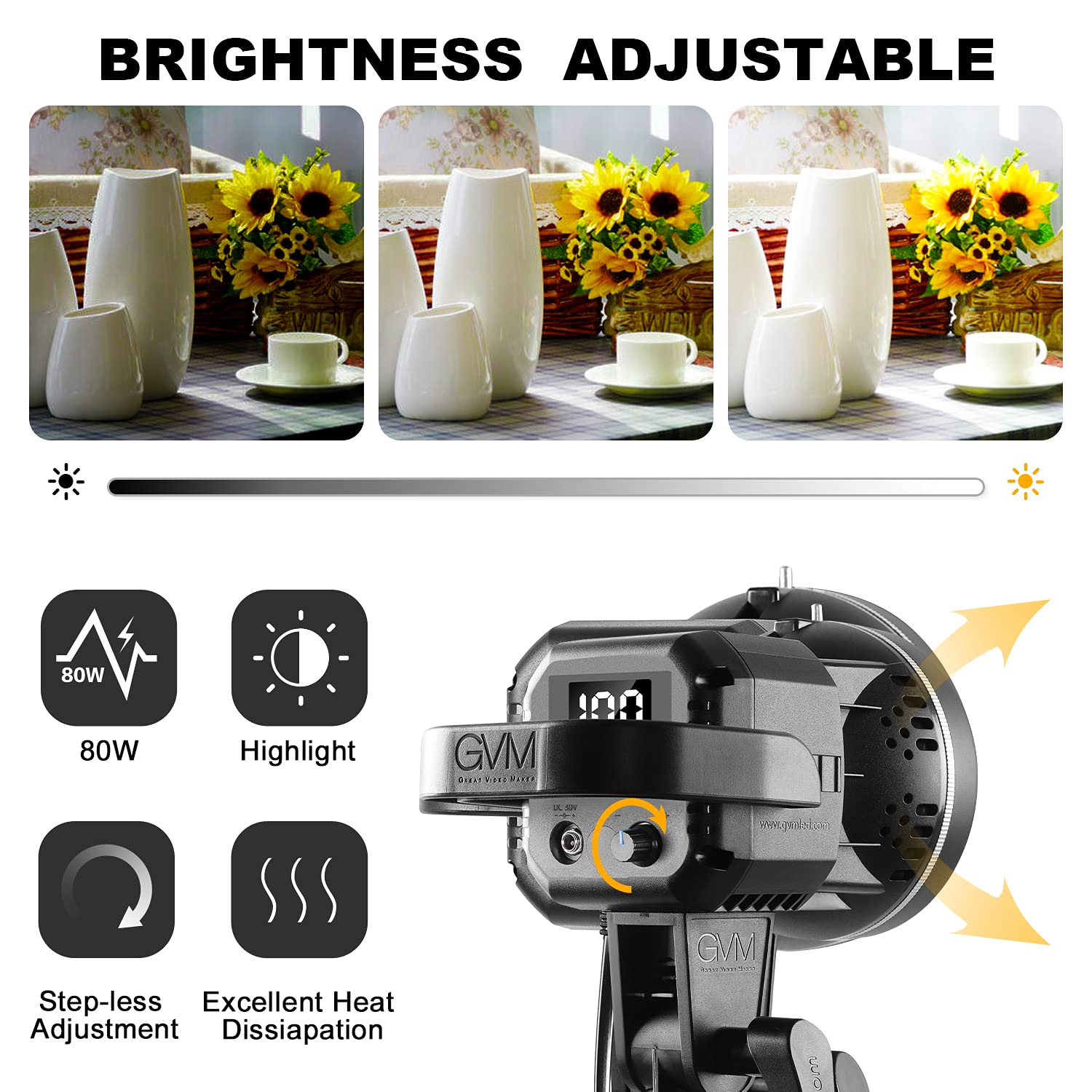 Gvm Great Video Maker 80W Cri97+ Video Lights With Bowens Mount Color Temperature 5600K Dimmable Led Continuous Lighting Spotlig