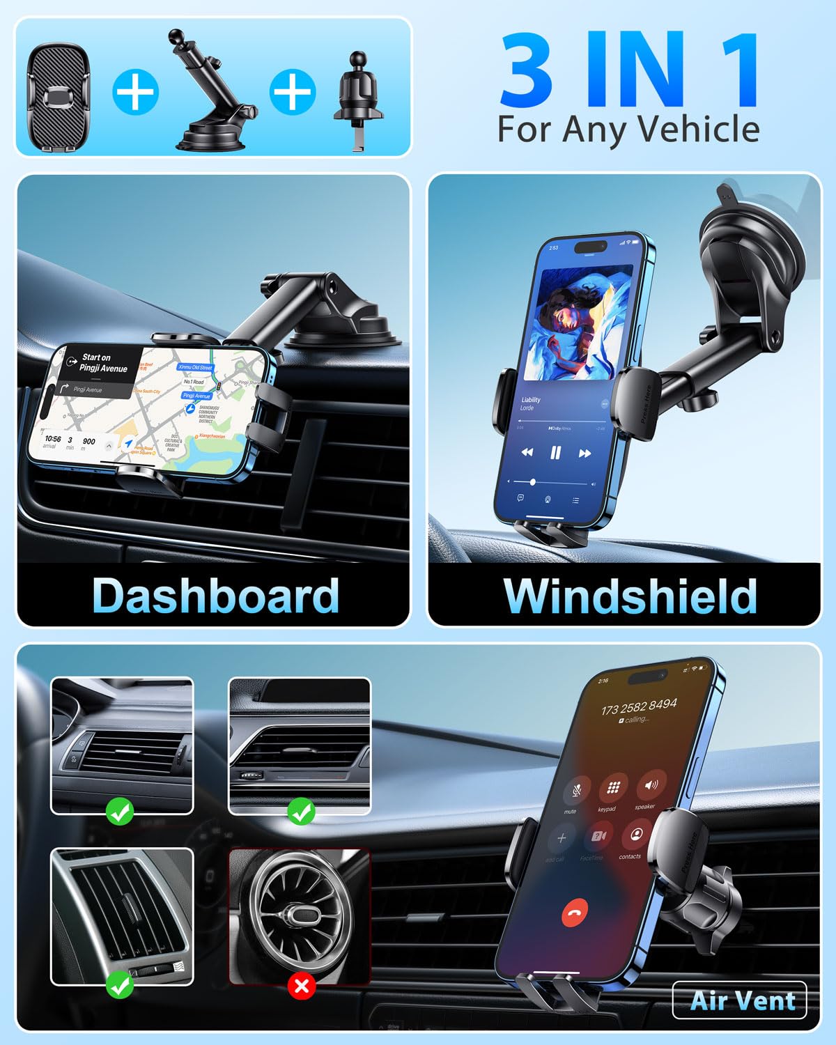 Car Phone Holder[Military-Grade 360Suction Cup]Phone Holders For Your Car Universal Accessories Air Vent Dashboard Windshield Ph