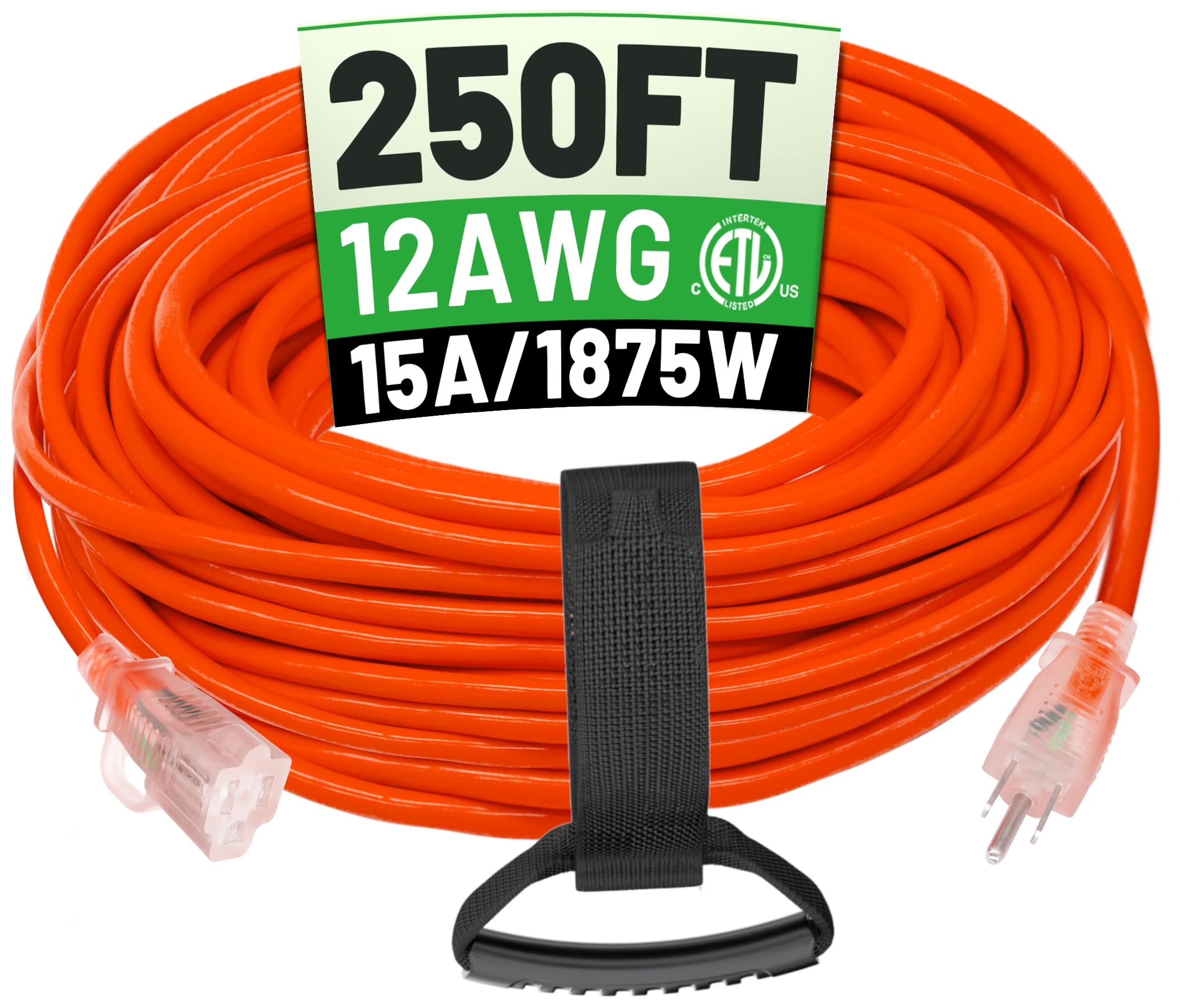 250 Ft 12/3 Outdoor Extension Cord Waterproof Heavy Duty With Lighted End 12 Gauge 3 Prong, Flexible Cold Resistant Long Power C
