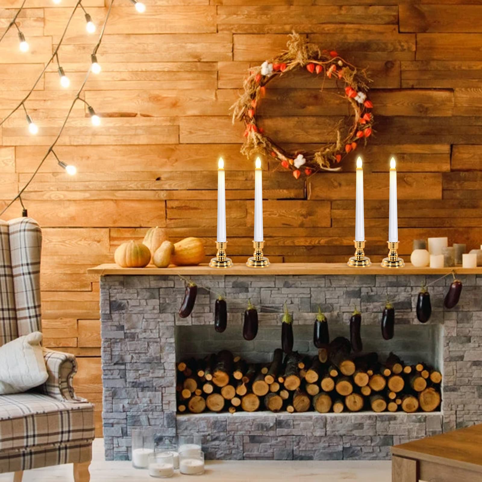 Josu Taper Candles Battery Operated: 4Pcs Flameless Candles With Remote Control   3D Wick Led Candles Flickering +4 Gold Candles