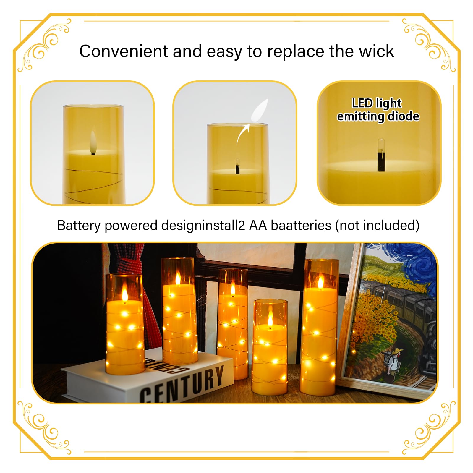 Nimiko Flickering Flameless Led Candles,Battery Operated Candles 5 Pcs With Embedded Star String,Acrylic Led Pillar Candles With