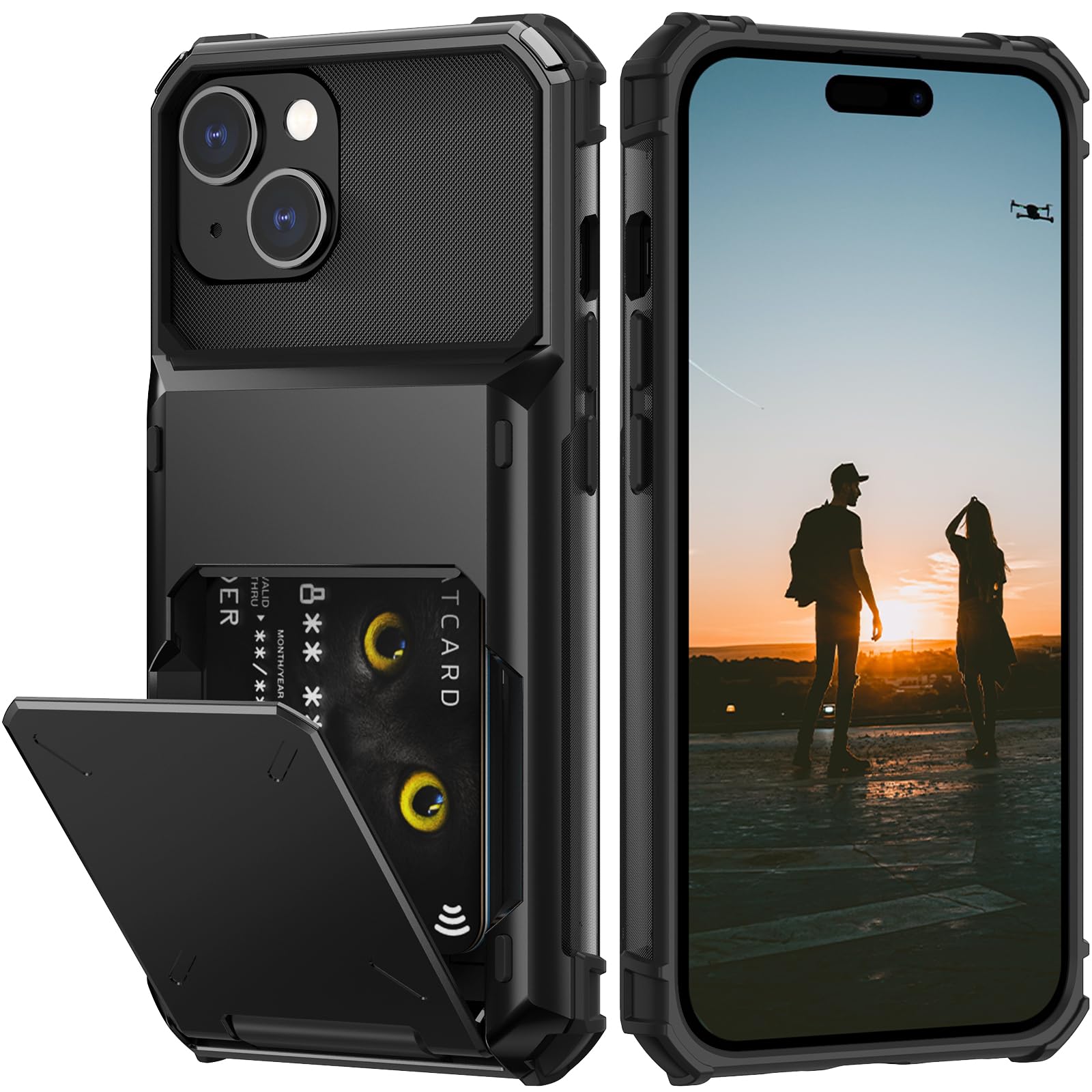 Nvollnoe Compatible With Iphone 15 Case With Card Holder[Store 5 Cards] Dual Layer Heavy Duty Shockproof Wallet Case With Hidden