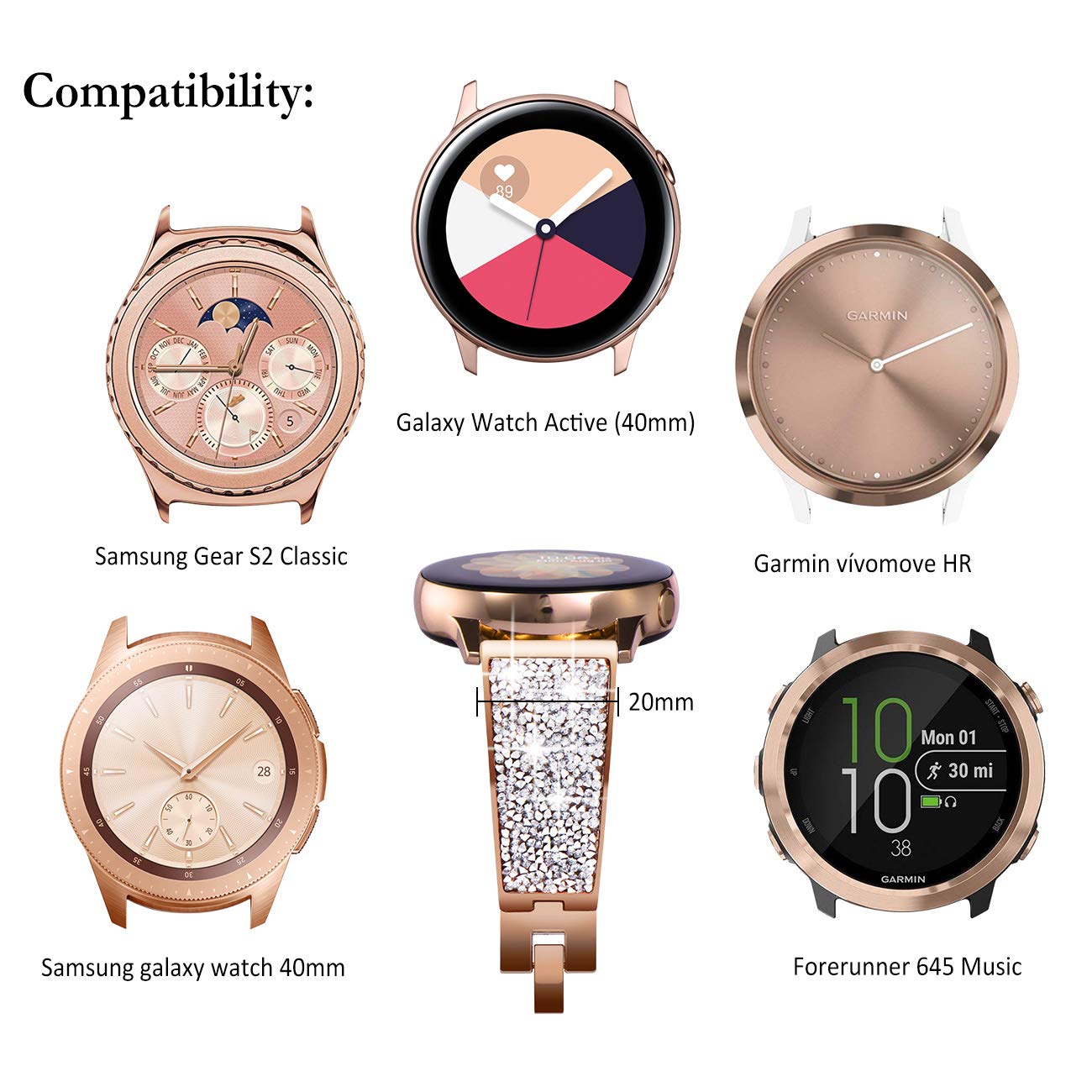 Newways Galaxy Watch 5 Band 40Mm 44Mm Galaxy Watch 4 40Mm 44Mm 42Mm 46Mm, 20Mm Stunning Crystal Bracelet With Quick Release Pin