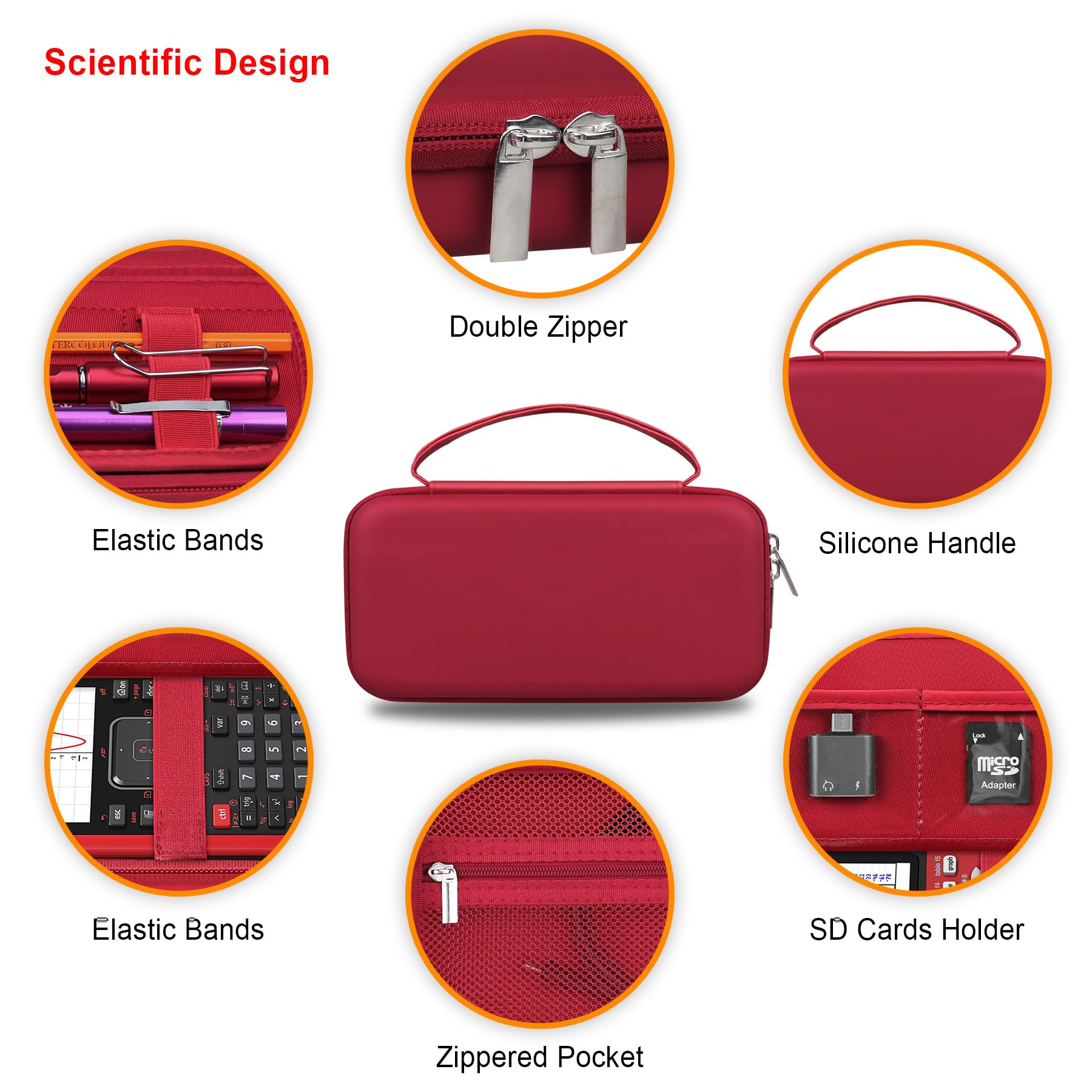 Elonbo Carrying Case For Texas Instruments Ti Nspire Cx Ii Cas/Cx Ii/Cx/Cx Cas Color Graphing Calculator, Extra Mesh Pocket Fits Charging Cable, Charger, Manual, Red